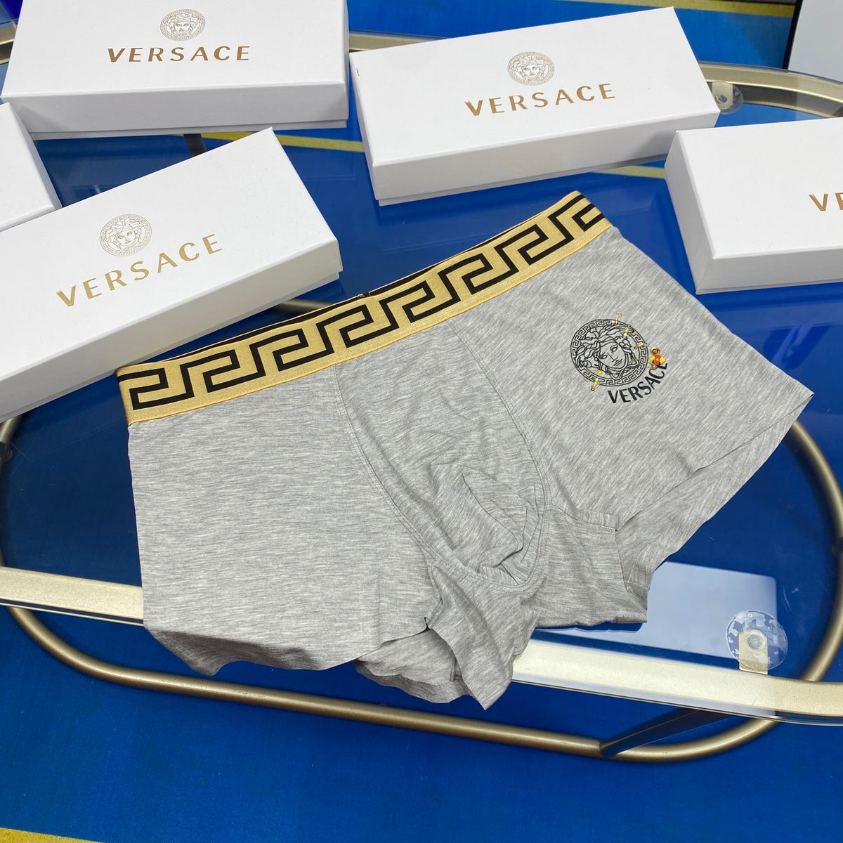 Versace Grey Navy Small Square Patch Boxer Briefs, image 4