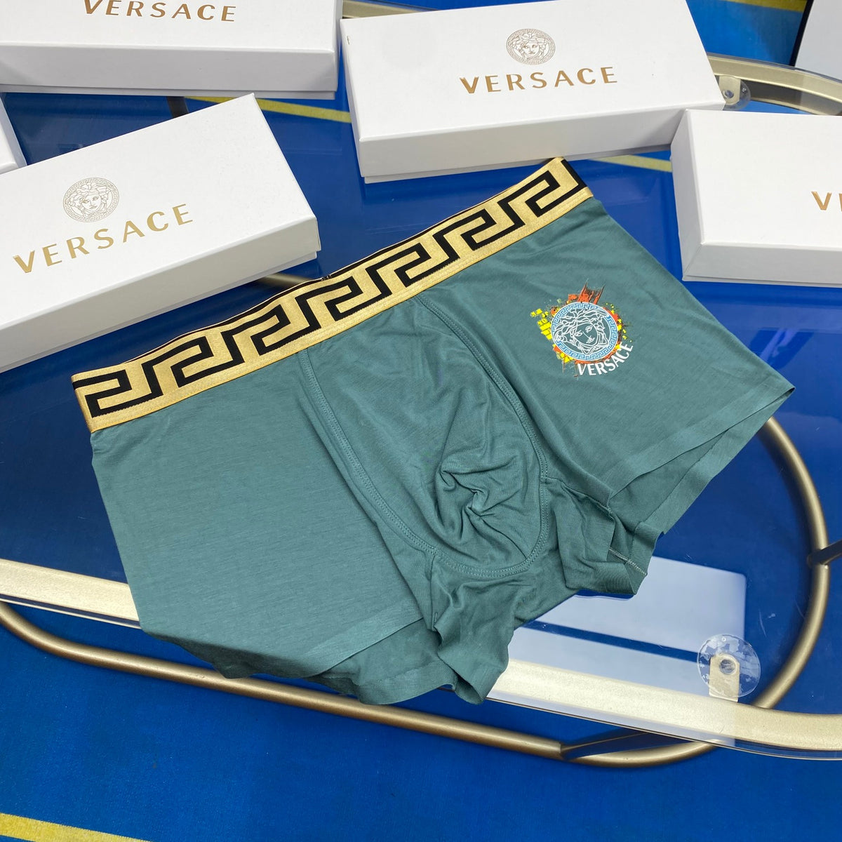 Versace Grey Navy Small Square Patch Boxer Briefs, image 6