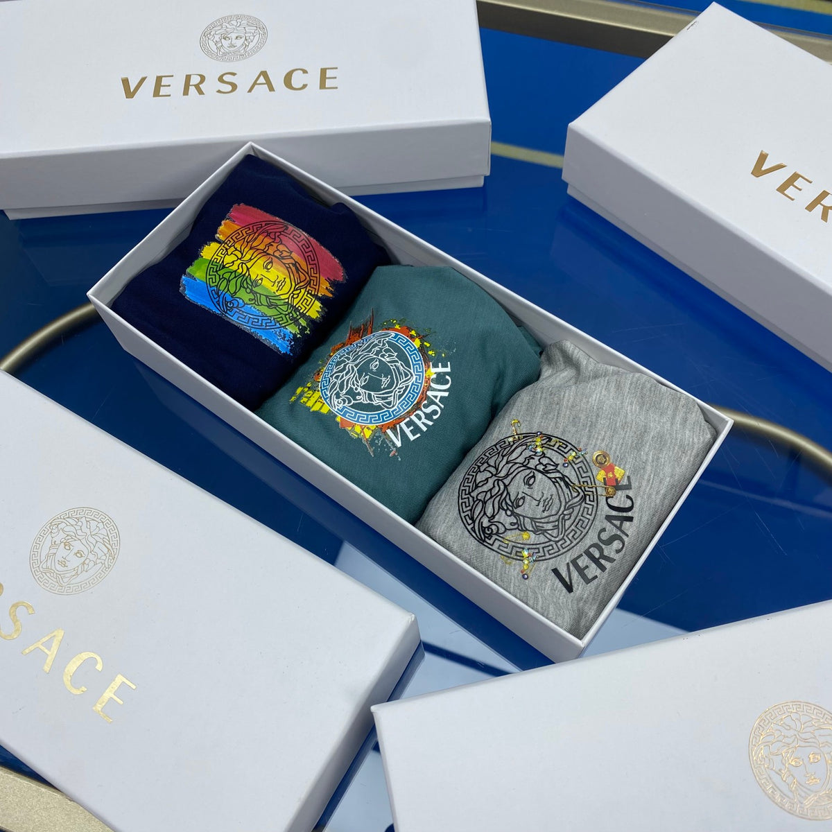 Versace Grey Navy Small Square Patch Boxer Briefs, image 9