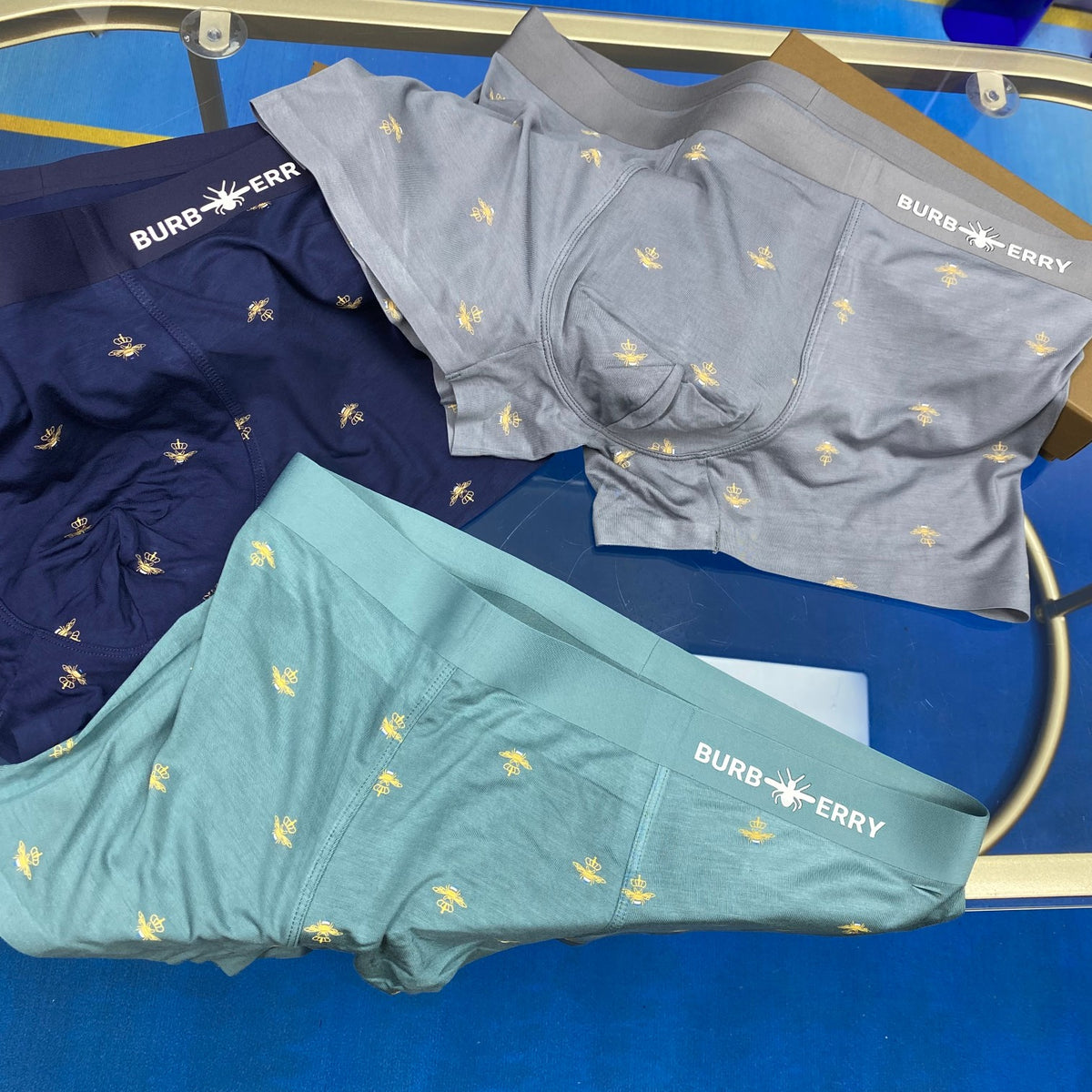 Burberry Navy Teal Allover Small Flowers Boxer Briefs, image 2