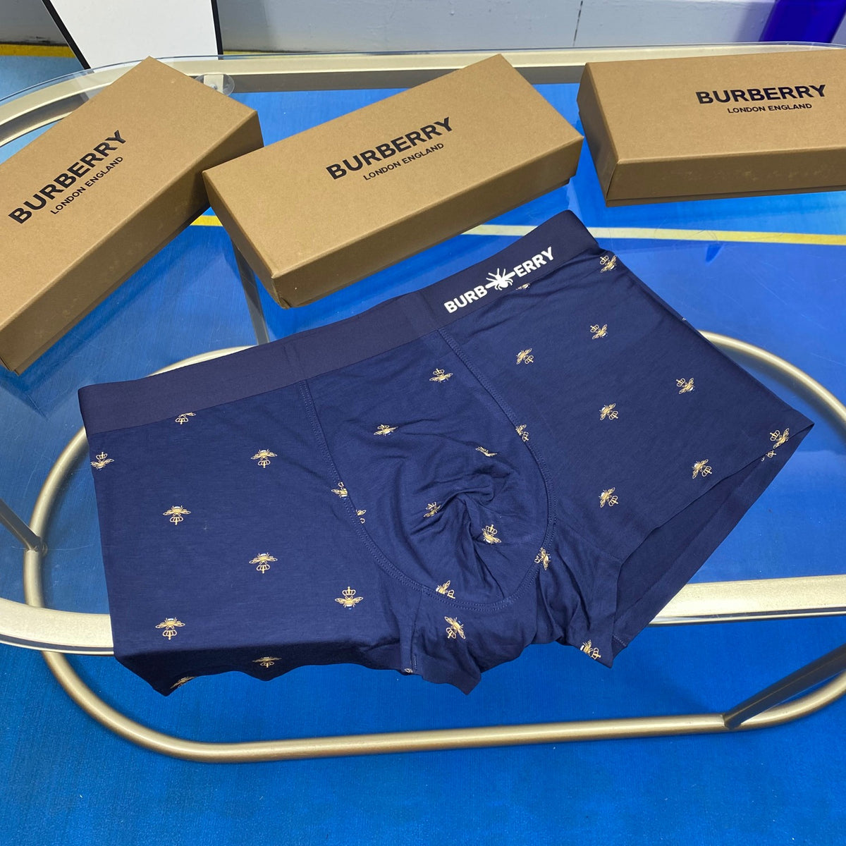 Burberry Navy Teal Allover Small Flowers Boxer Briefs, image 4