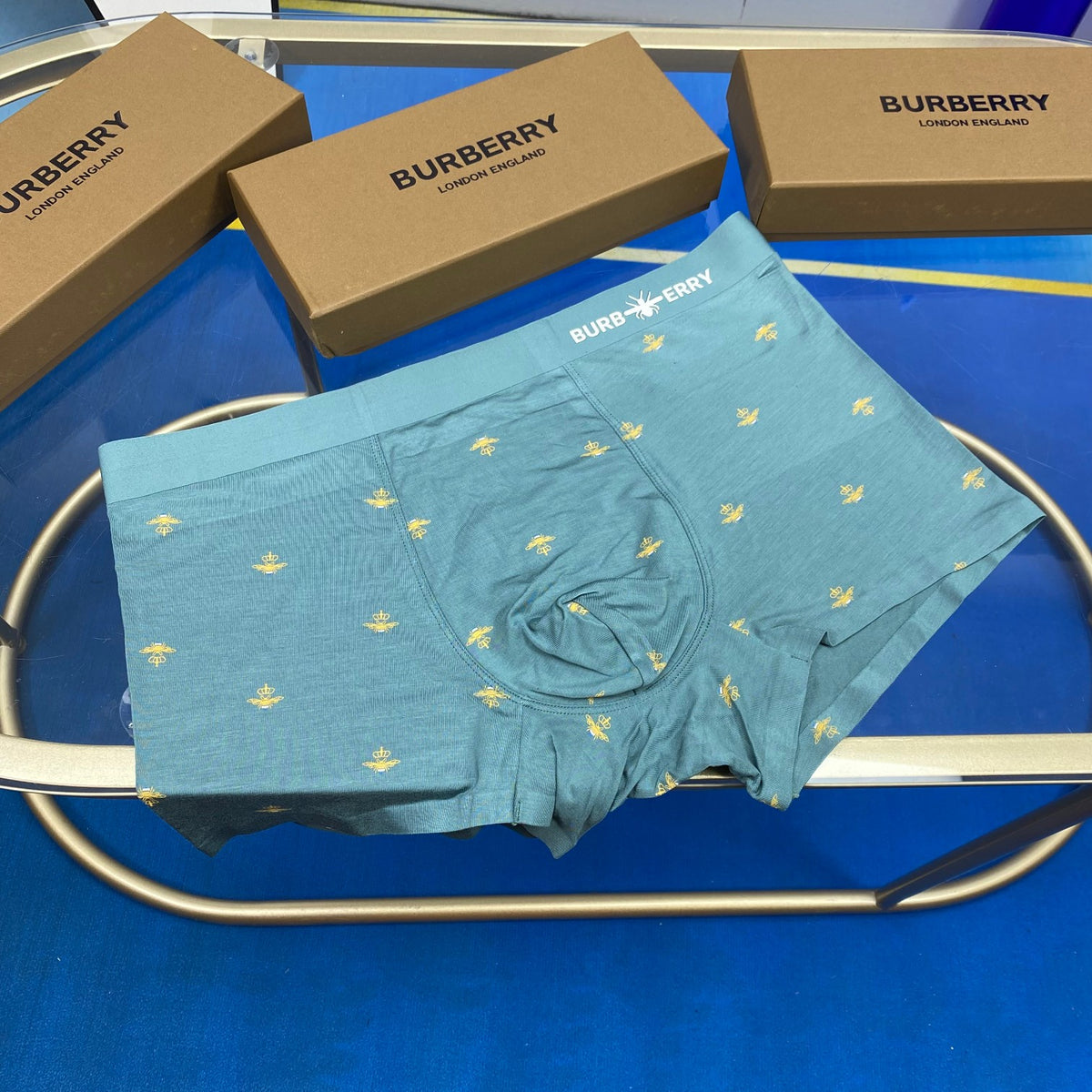 Burberry Navy Teal Allover Small Flowers Boxer Briefs, image 5