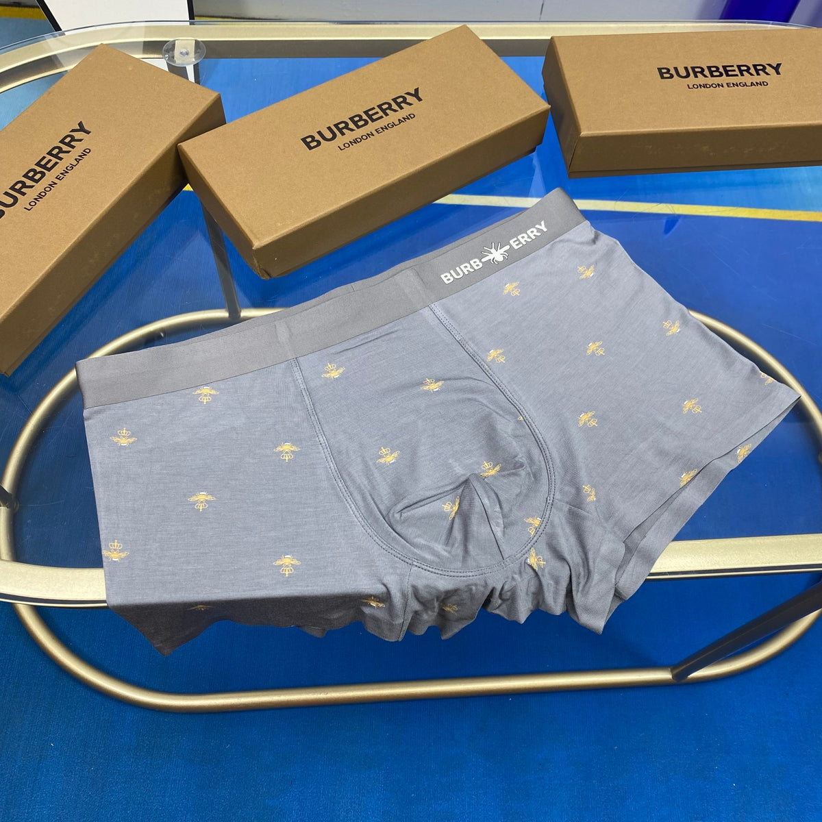 Burberry Navy Teal Allover Small Flowers Boxer Briefs, image 6