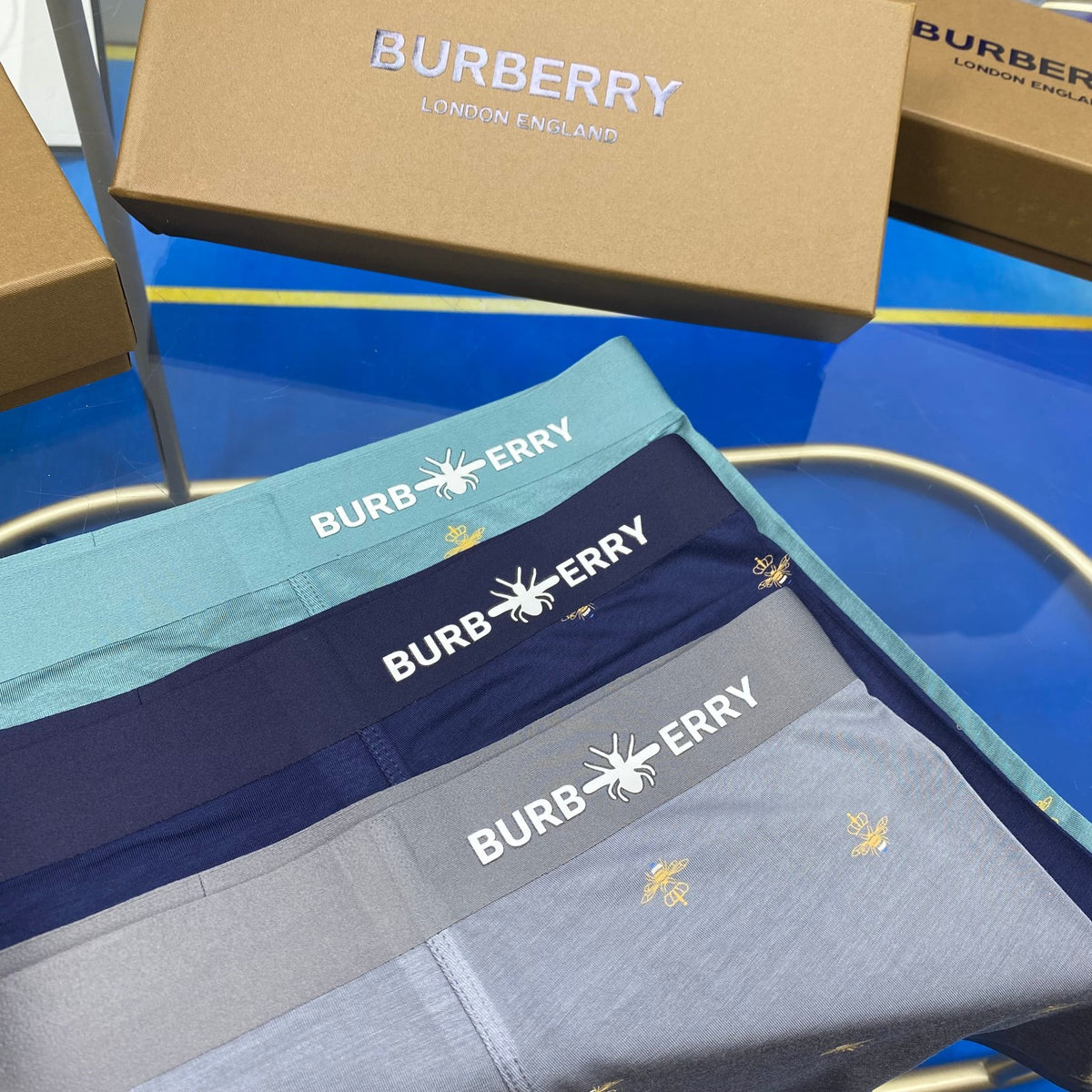 Burberry Navy Teal Allover Small Flowers Boxer Briefs, image 7
