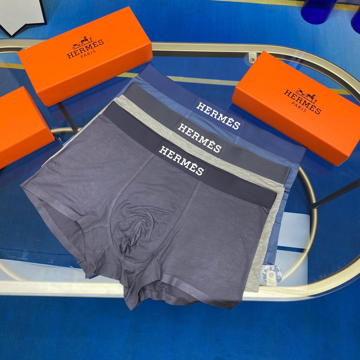 Hermès Dark Grey White Small Waist Text Boxer Briefs, image 1