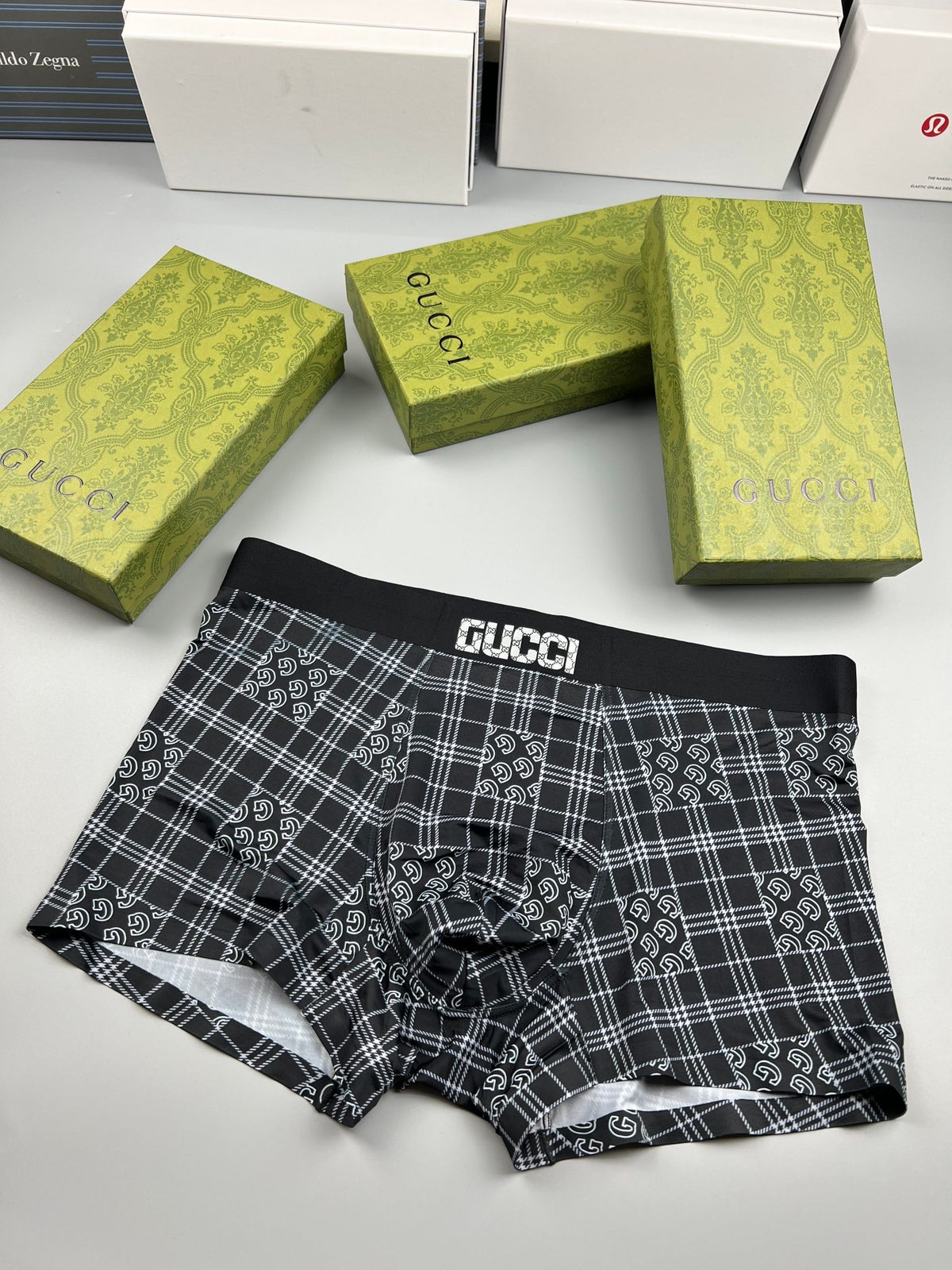 Gucci Grey Plaid Contrast Hem Boxer Briefs, image 1