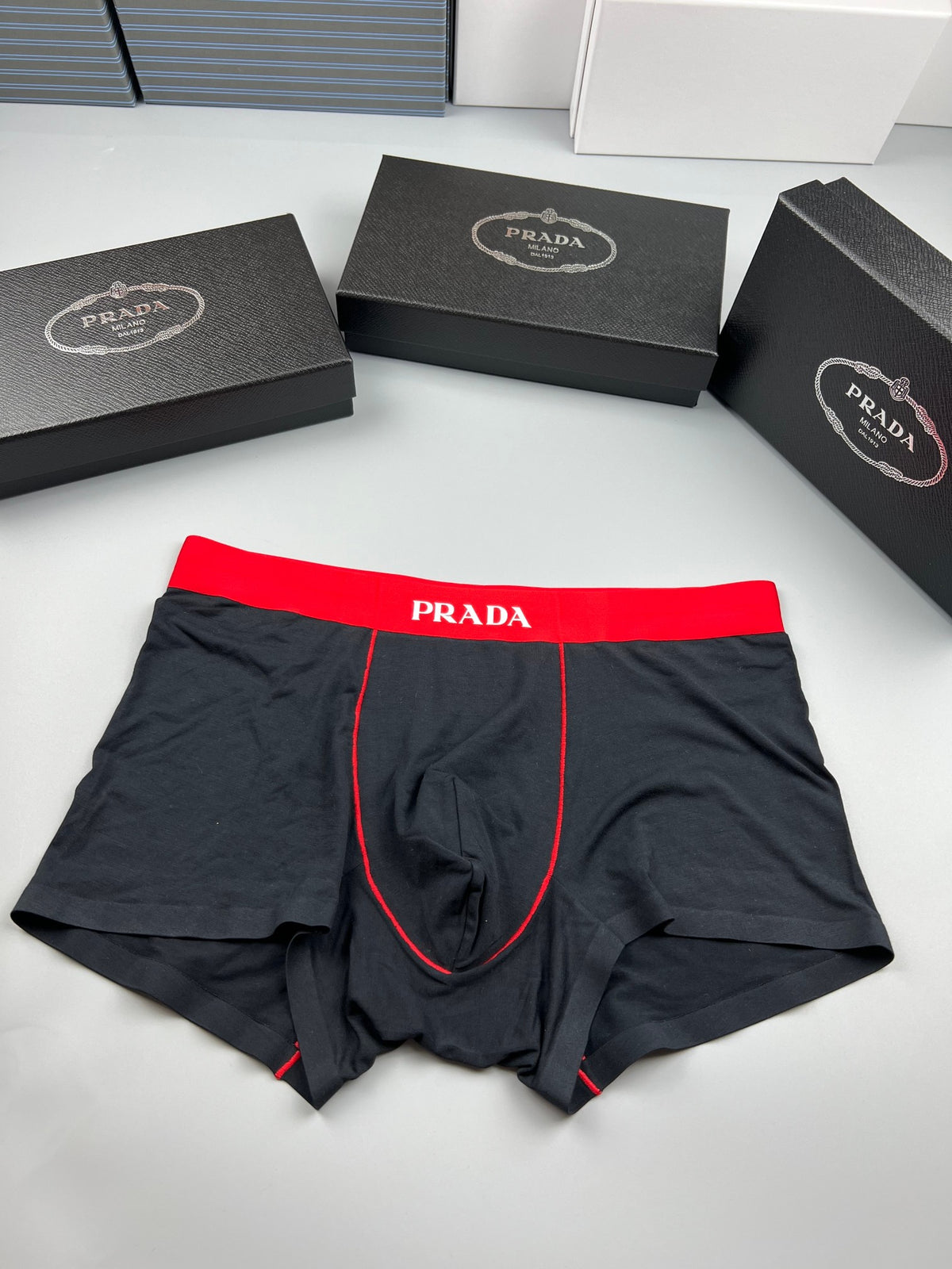 Prada Black Red Waist Contrast Seam Boxer Briefs, image 1