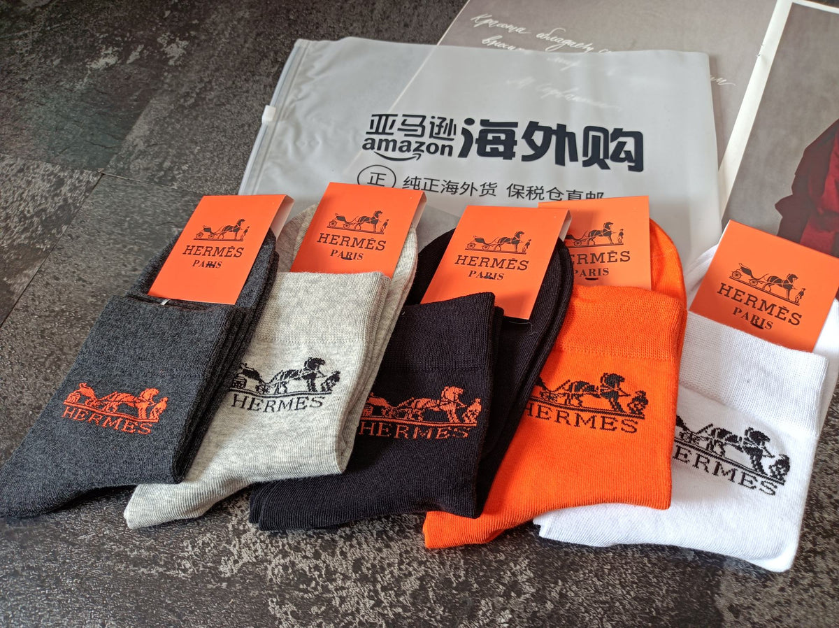 Hermès Neutral Bright Orange Ribbed Cuffs Crew Socks, image 3