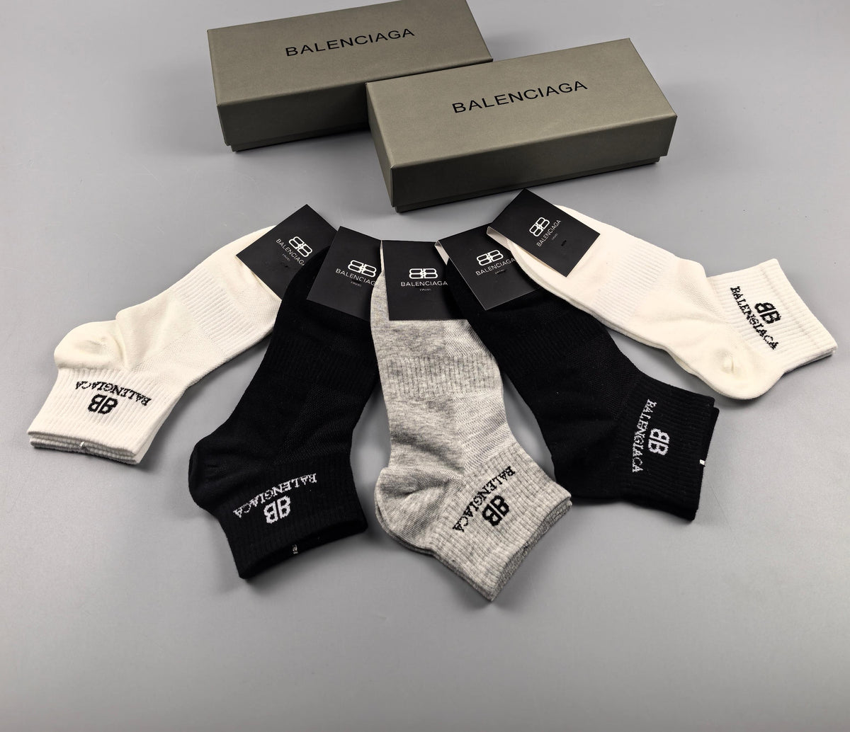 Balenciaga Black Cream Grey Fine Wordmarks Ankle Socks, image 6