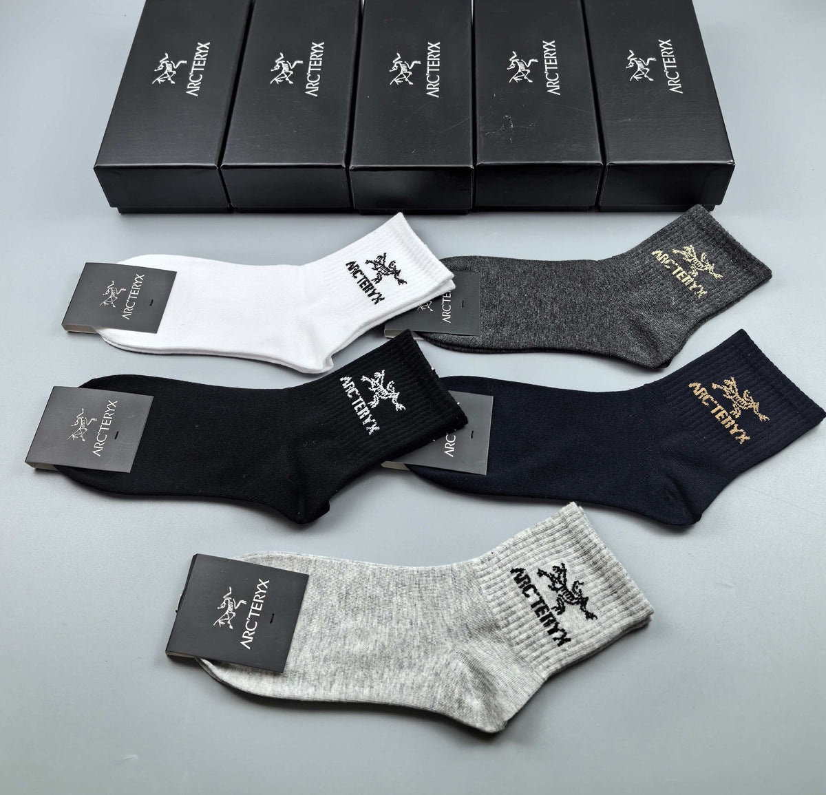 Arc'teryx Black White Grey Broad Cuff Letters Crew Socks, image 5