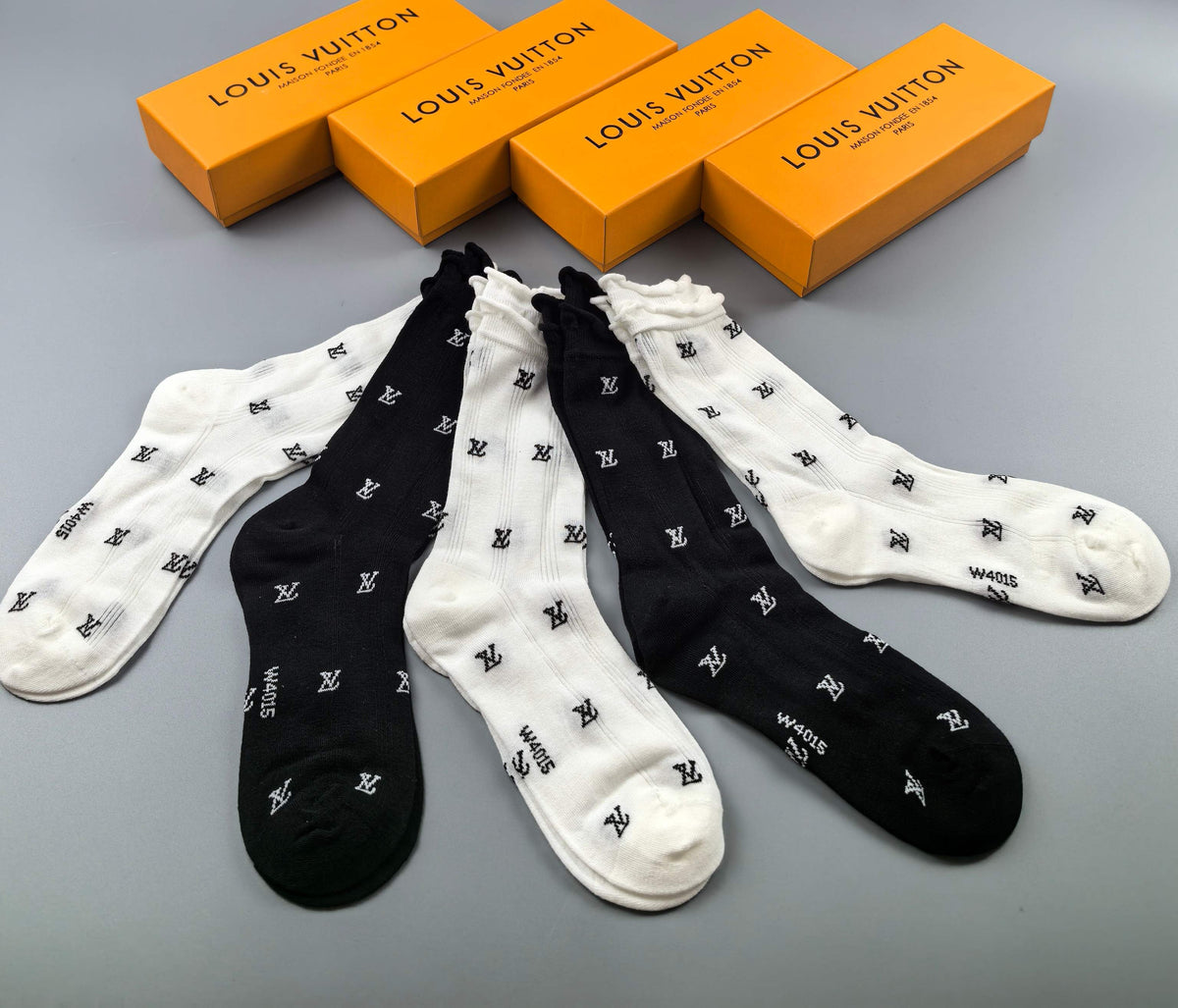 Louis Vuitton Black White Small Repeating Monograms Crew Socks, image 2