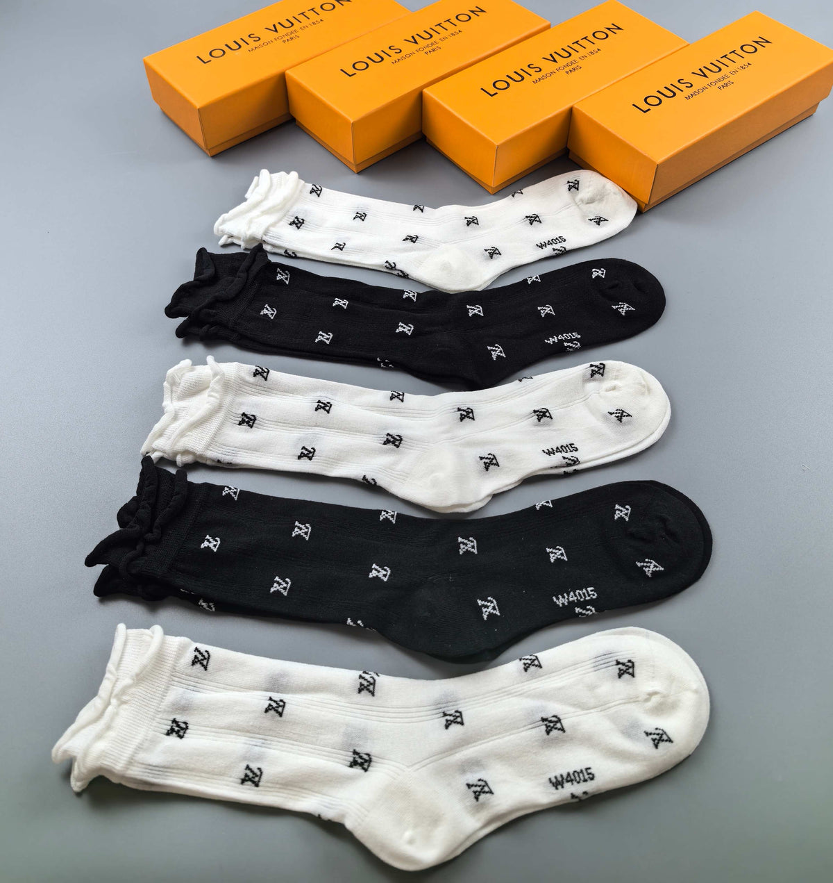 Louis Vuitton Black White Small Repeating Monograms Crew Socks, image 1