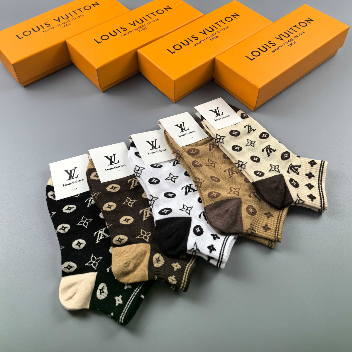 Louis Vuitton Earthy Black White Allover Monograms Crew Socks, image 2