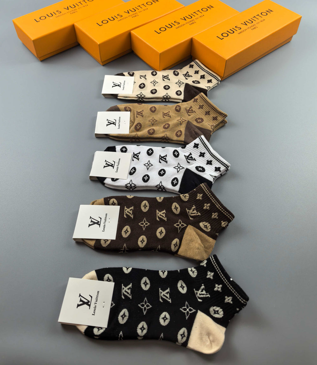 Louis Vuitton Earthy Black White Allover Monograms Crew Socks, image 1