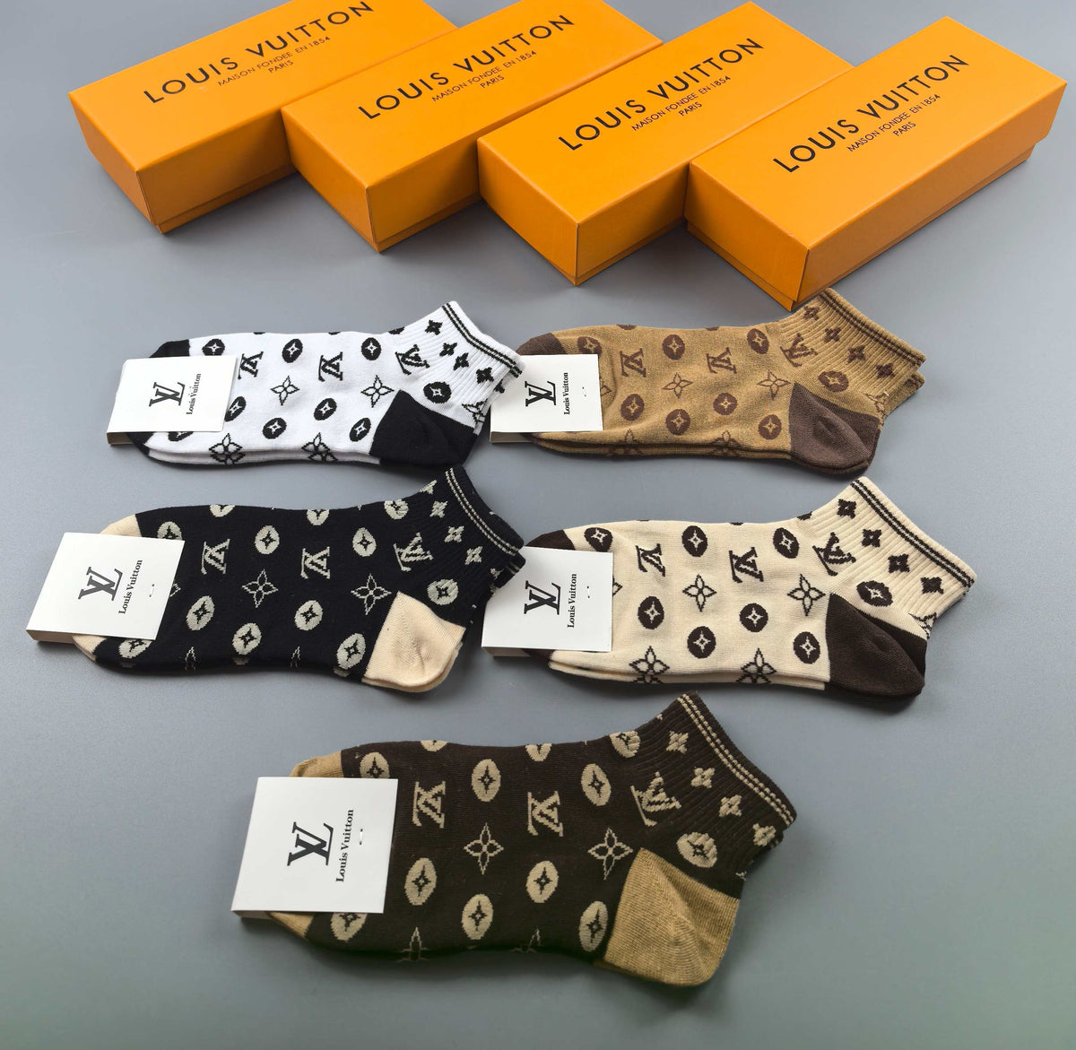 Louis Vuitton Earthy Black White Allover Monograms Crew Socks, image 6