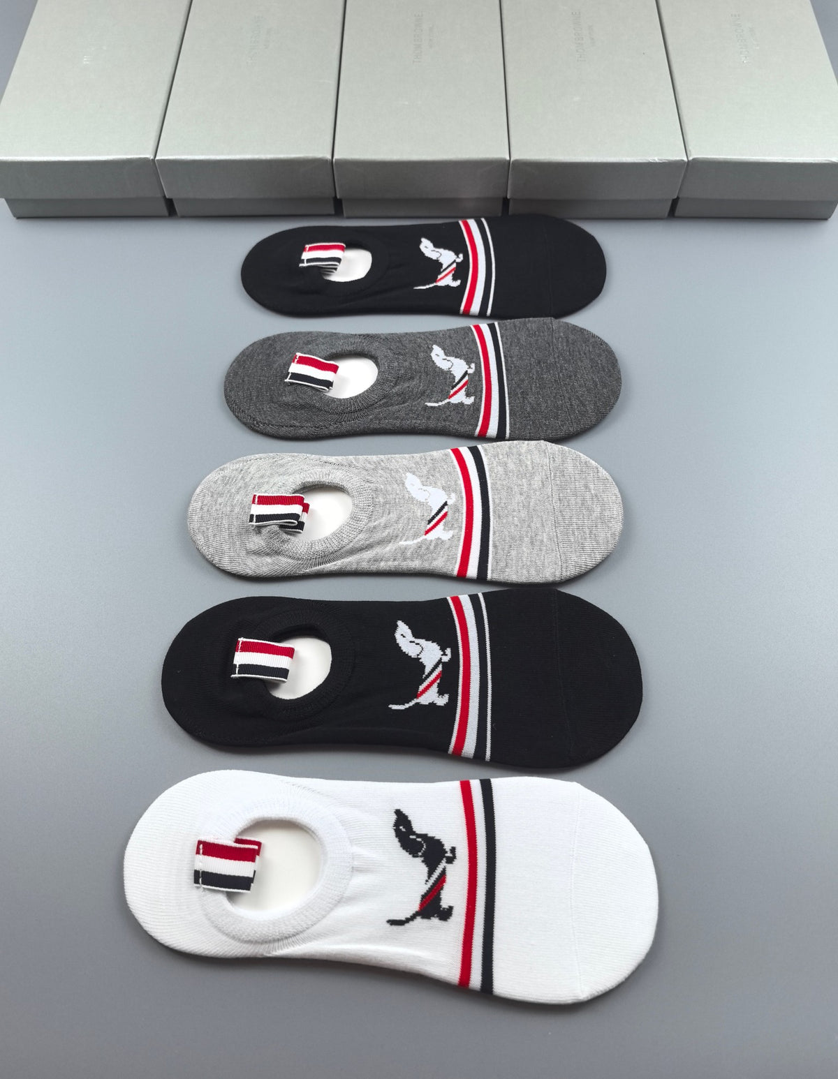Thom Browne Tricolour Dog-Detail No-Show Socks, gallery image 1