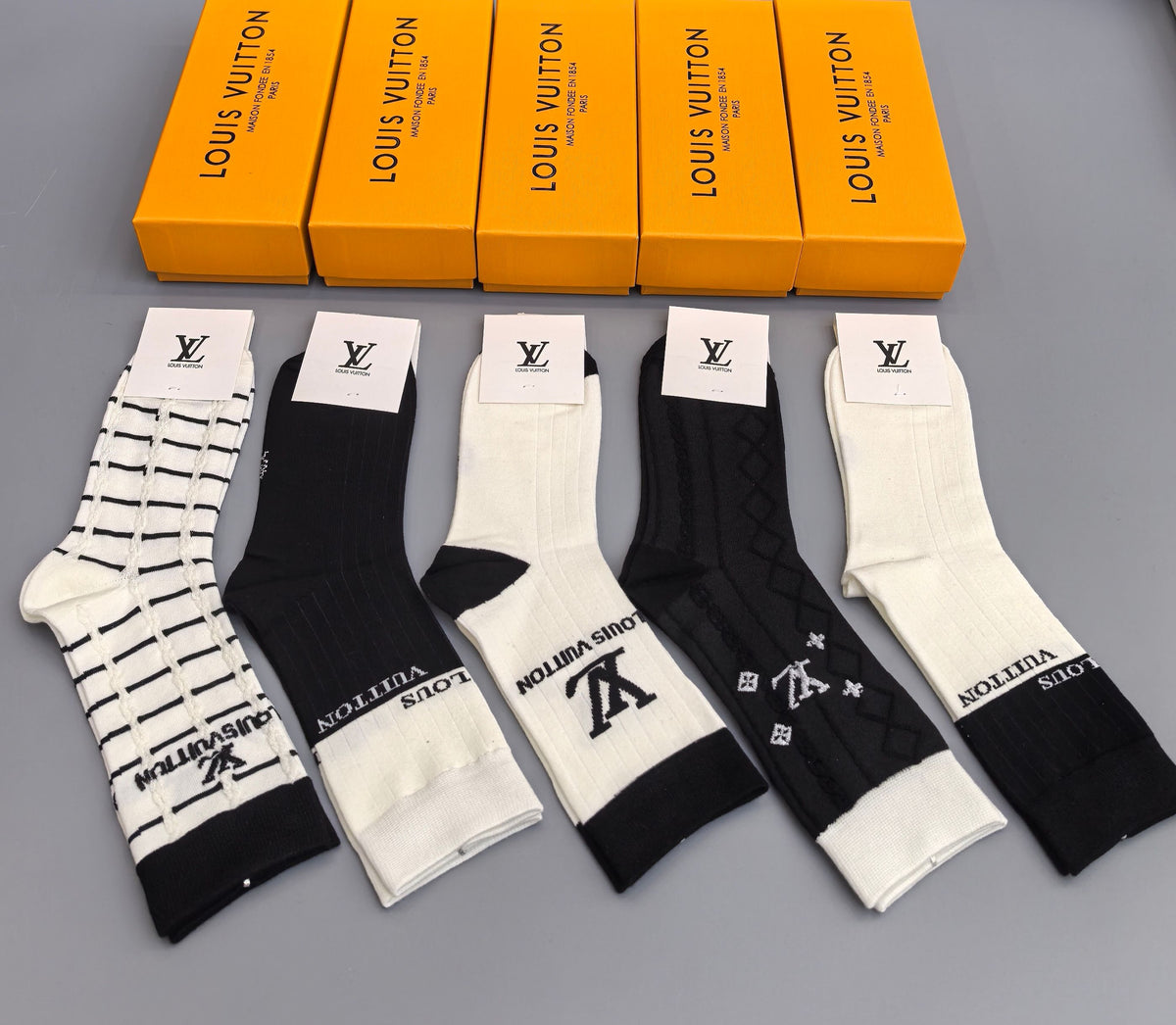 Louis Vuitton Black White Mixed Graphic Panels Crew Socks, image 2