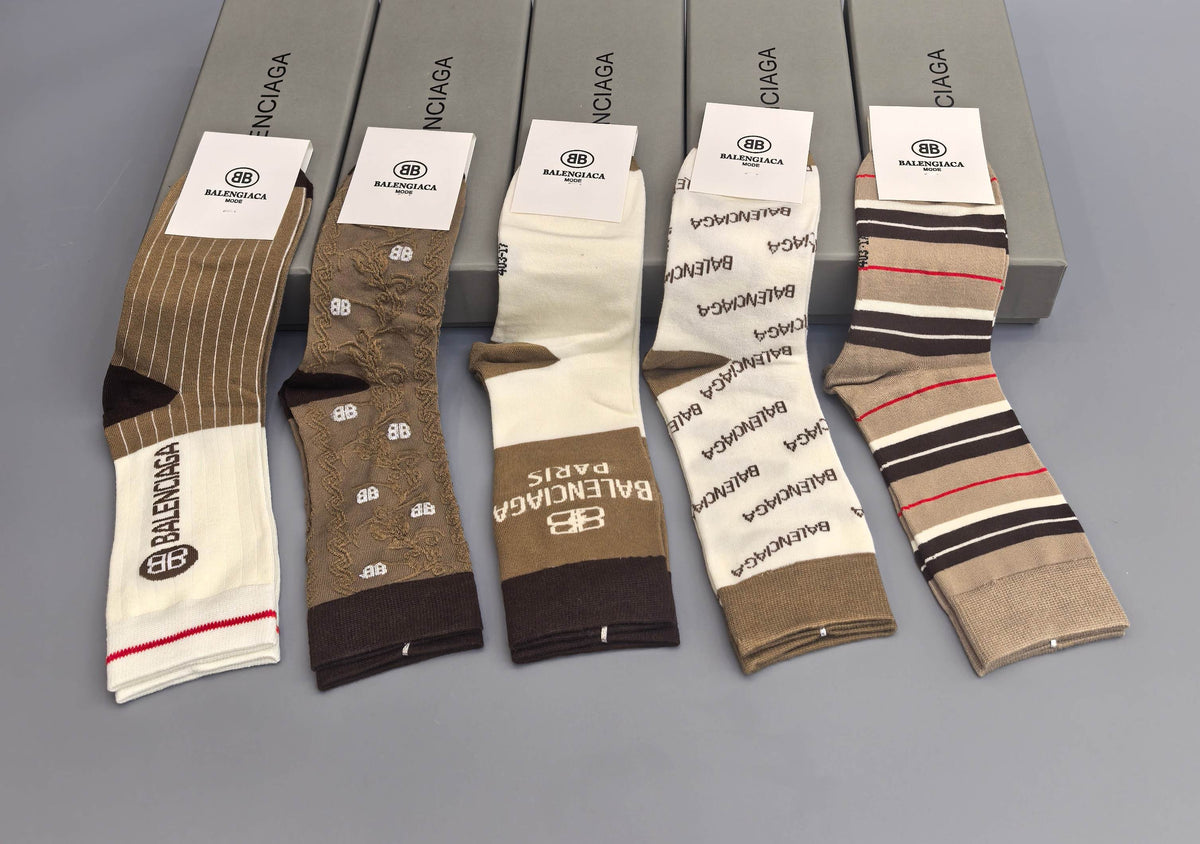 Balenciaga Neutral Beige Mixed Stripe Patterns Crew Socks, image 3