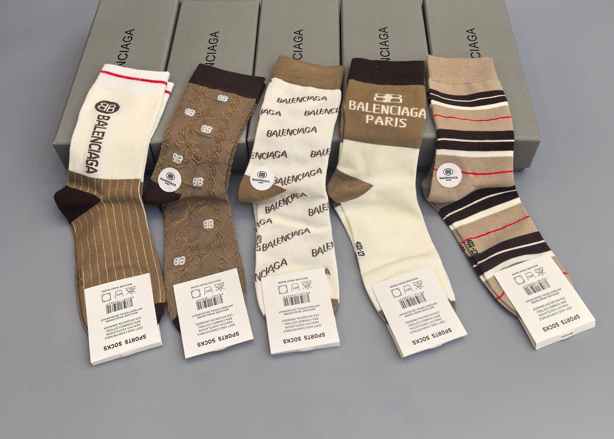 Balenciaga Neutral Beige Mixed Stripe Patterns Crew Socks, image 5