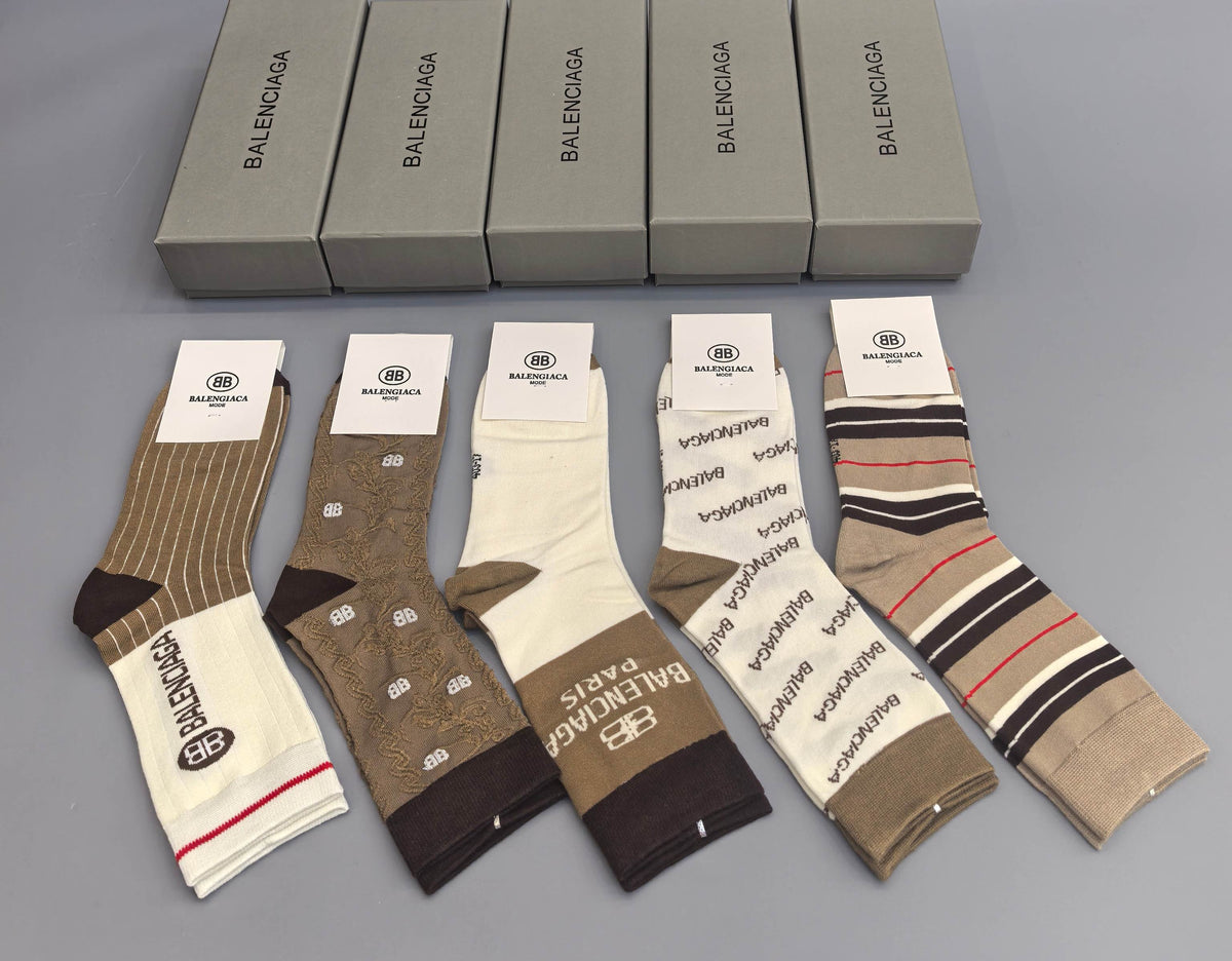 Balenciaga Neutral Beige Mixed Stripe Patterns Crew Socks, image 2