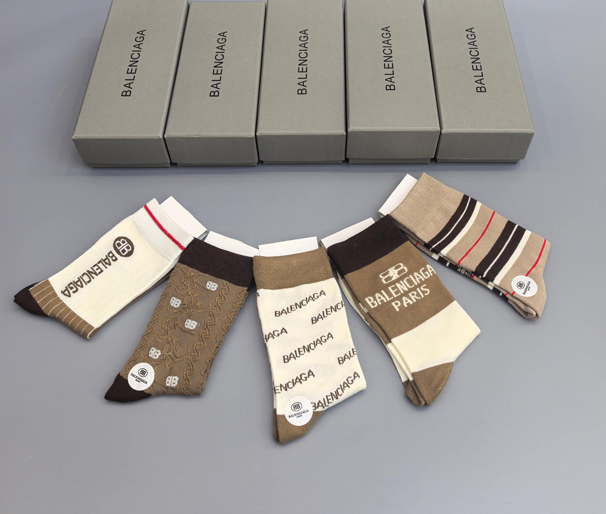 Balenciaga Neutral Beige Mixed Stripe Patterns Crew Socks, image 4