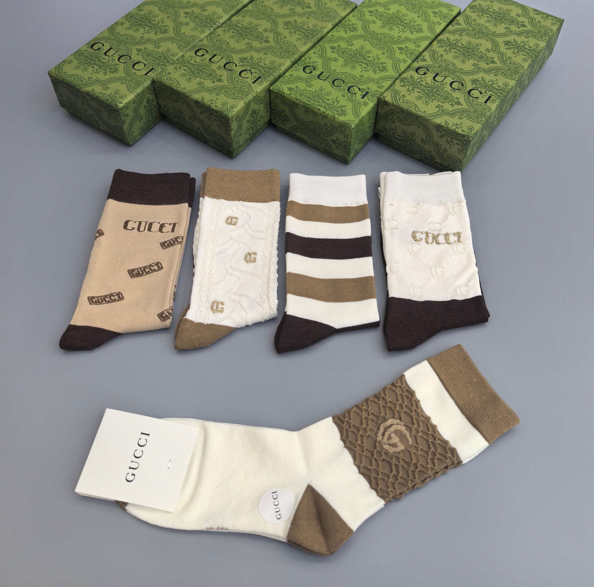 Gucci Neutral Double Stripe Panels Crew Socks, image 5