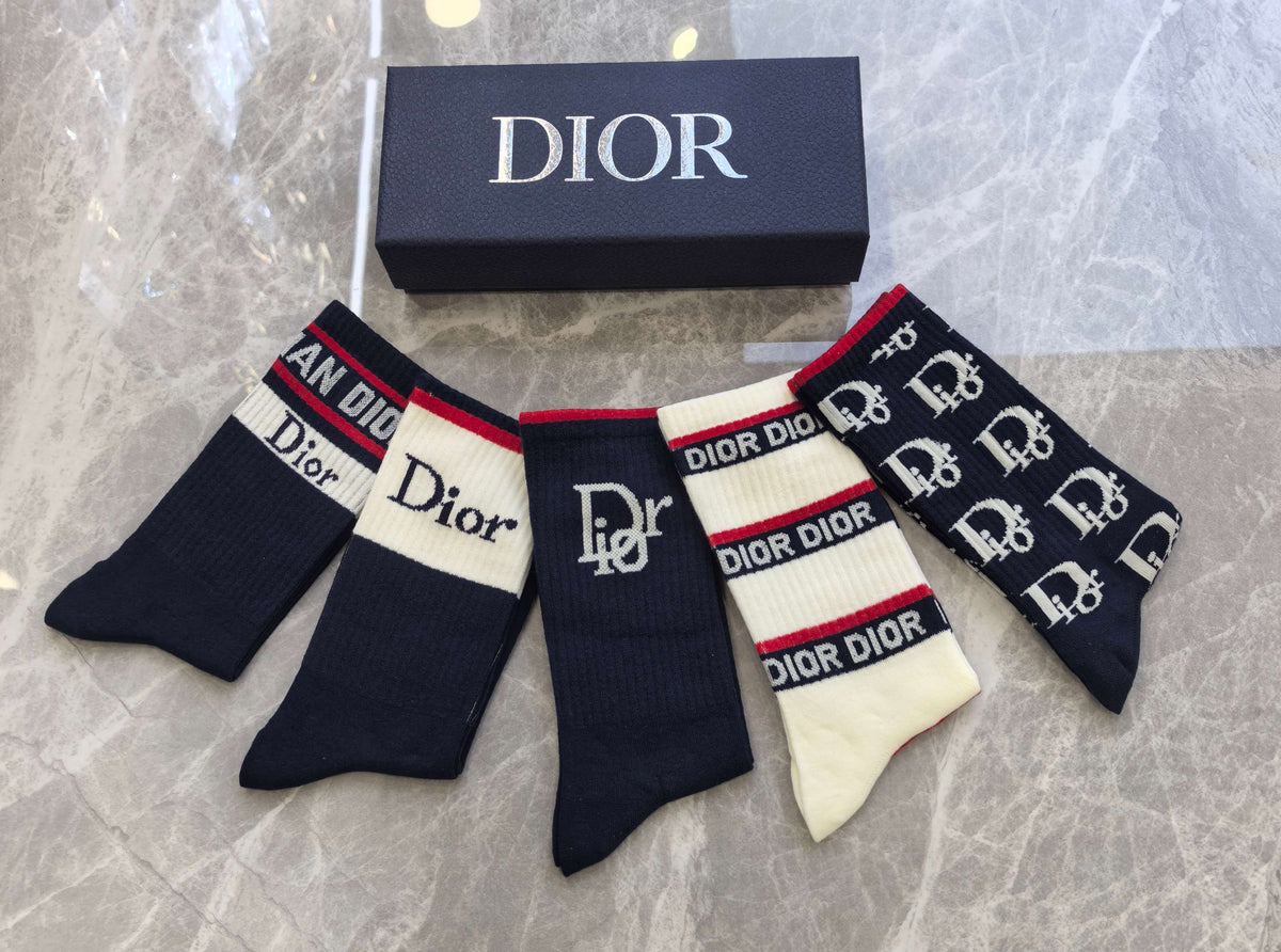 Dior Neutral Mixed Cuff Stripes Crew Socks, image 2