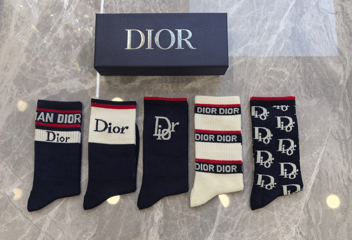 Dior Neutral Mixed Cuff Stripes Crew Socks, image 1