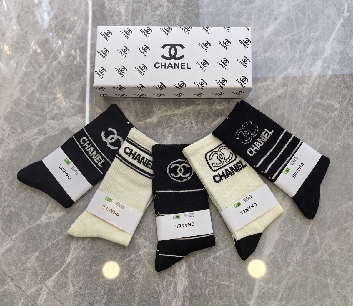 CHANEL Contrast Wordmark Crew Socks, gallery image 1
