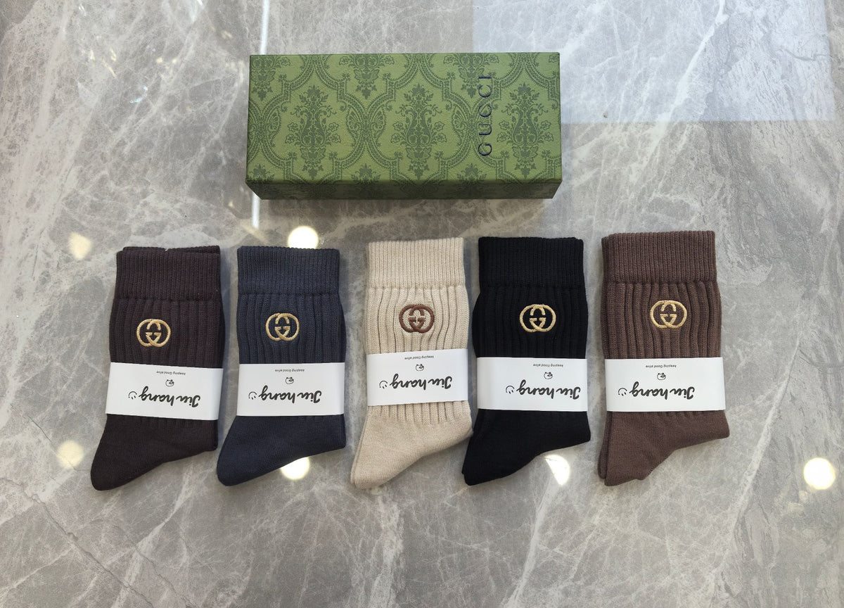 Gucci Brown Cream Black Wide Wordmark Bands Crew Socks, image 1