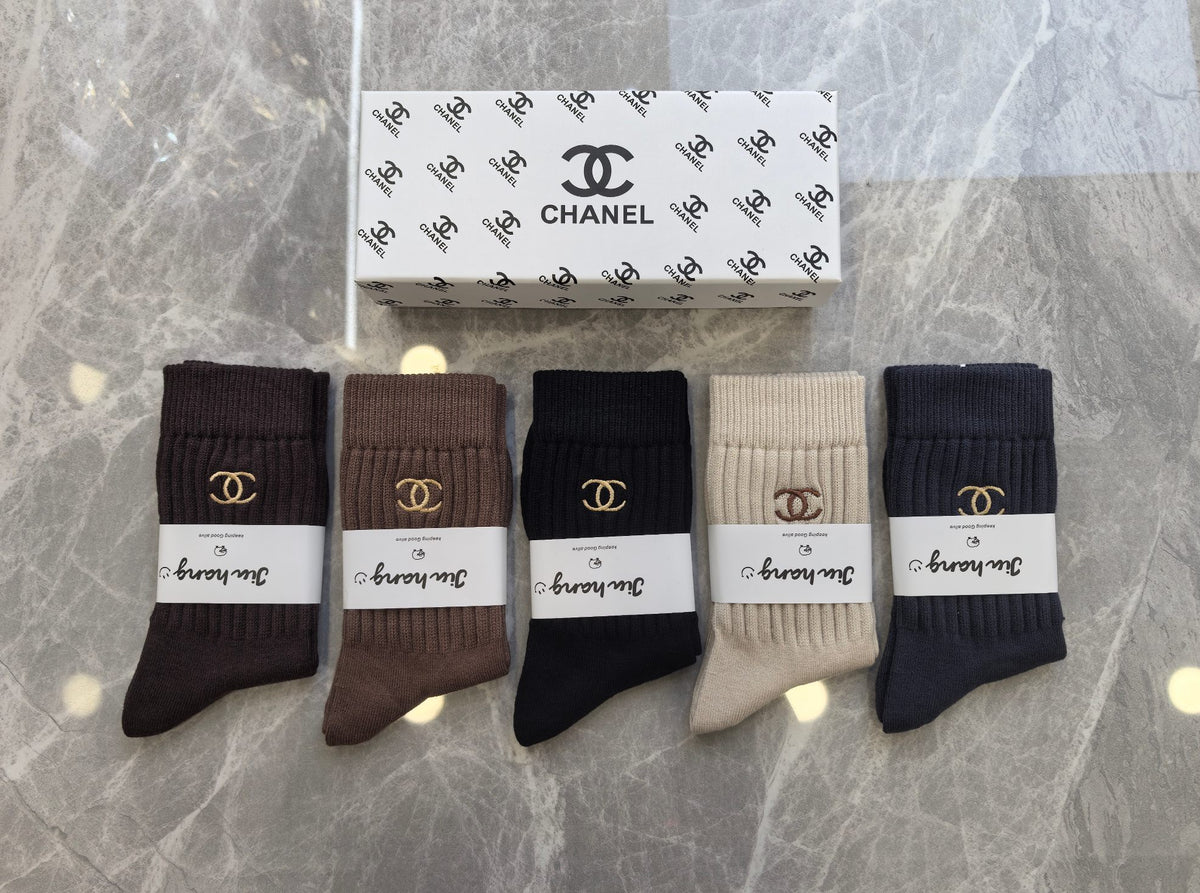 CHANEL Wide Letter-Band Earth-Tone Socks, gallery image 1
