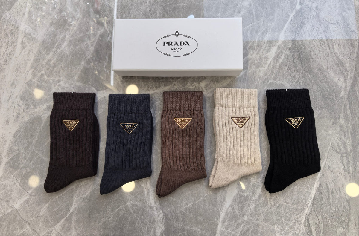 Prada Brown Cream Black Small Triangle Crew Socks, image 5