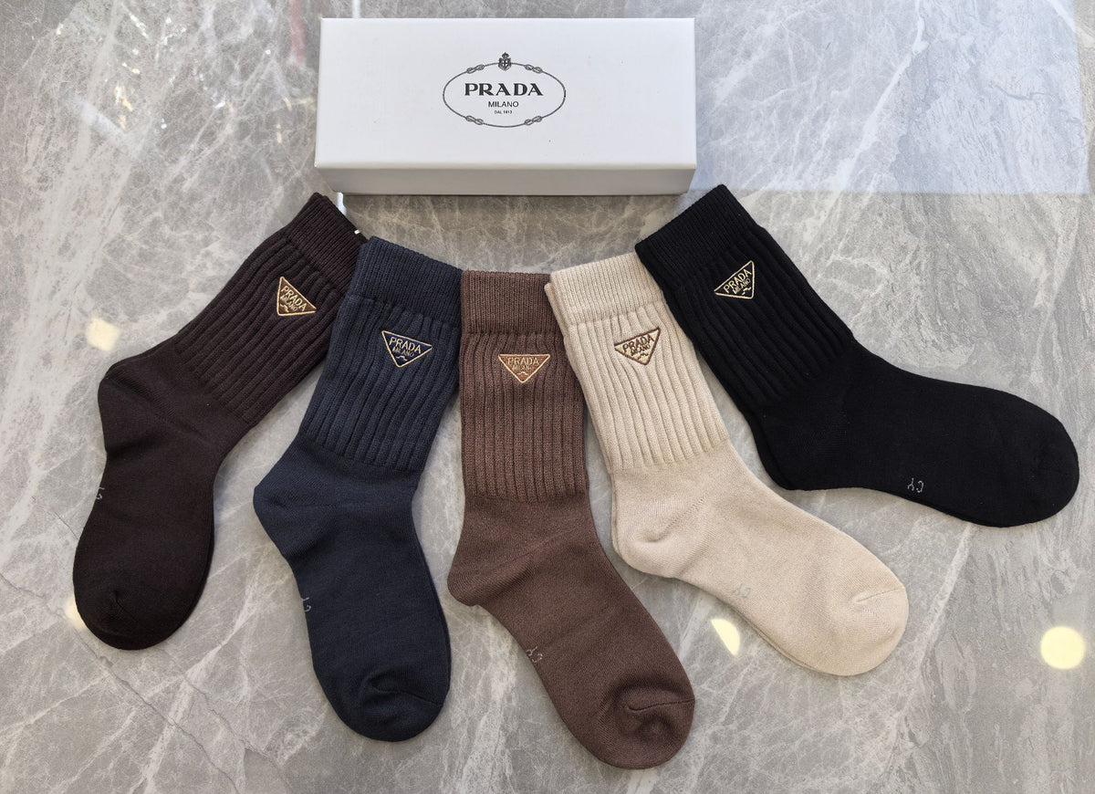 Prada Brown Cream Black Small Triangle Crew Socks, image 2