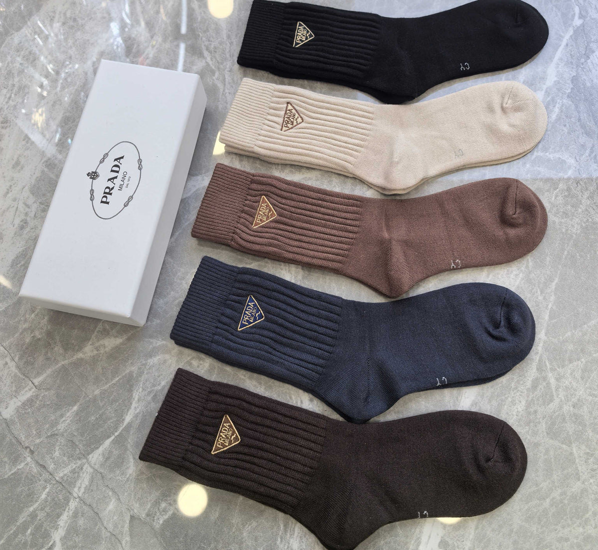 Prada Brown Cream Black Small Triangle Crew Socks, image 4