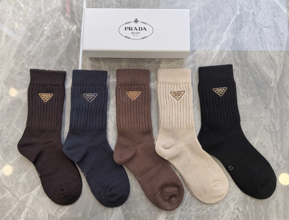 Prada Brown Cream Black Small Triangle Crew Socks, image 1