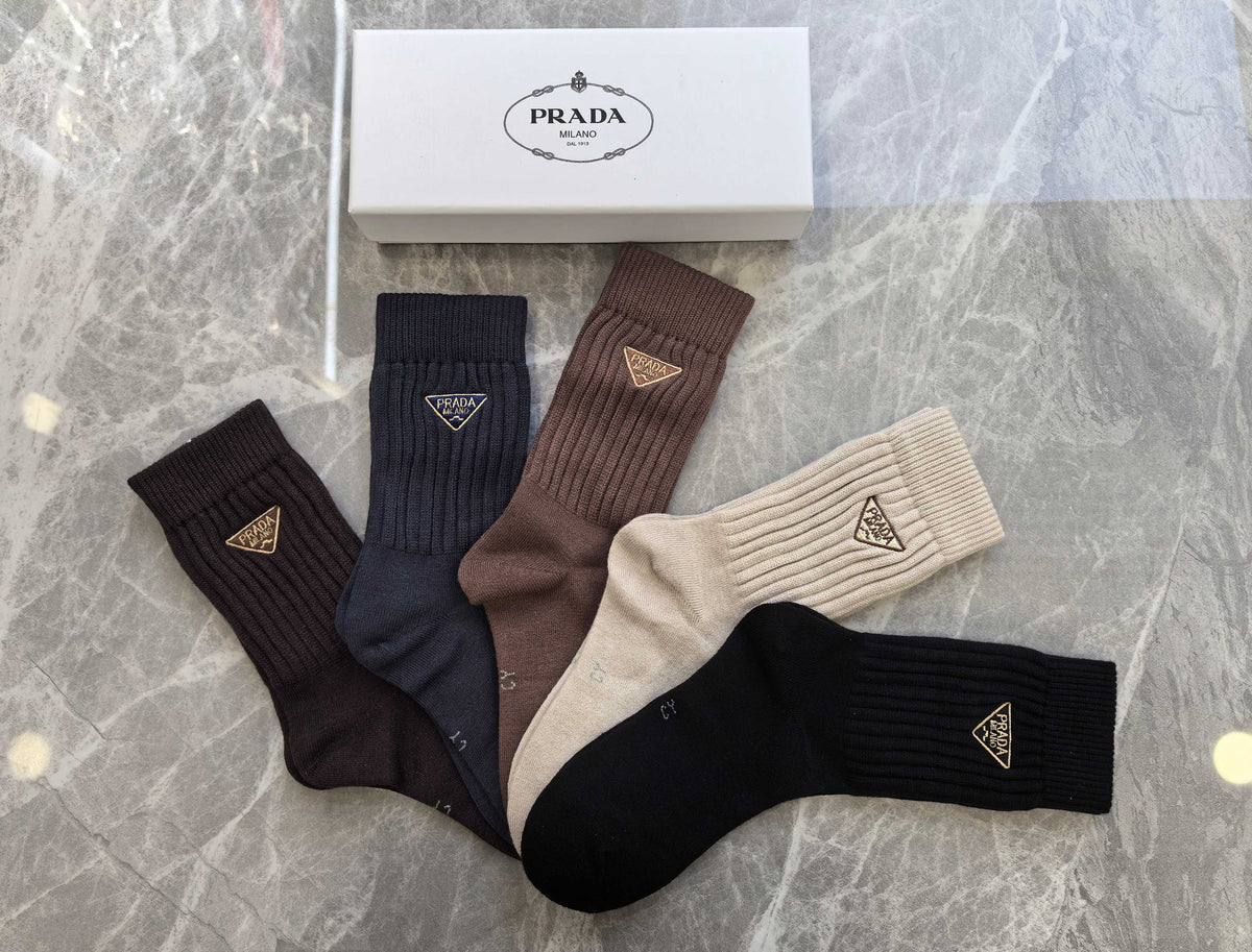 Prada Brown Cream Black Small Triangle Crew Socks, image 3