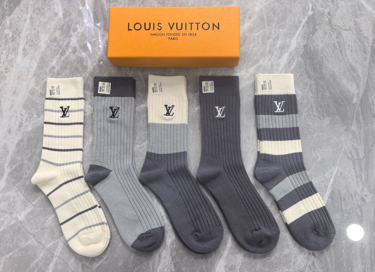 Louis Vuitton Grey Cream Black Tall Block Patterns Crew Socks, image 3