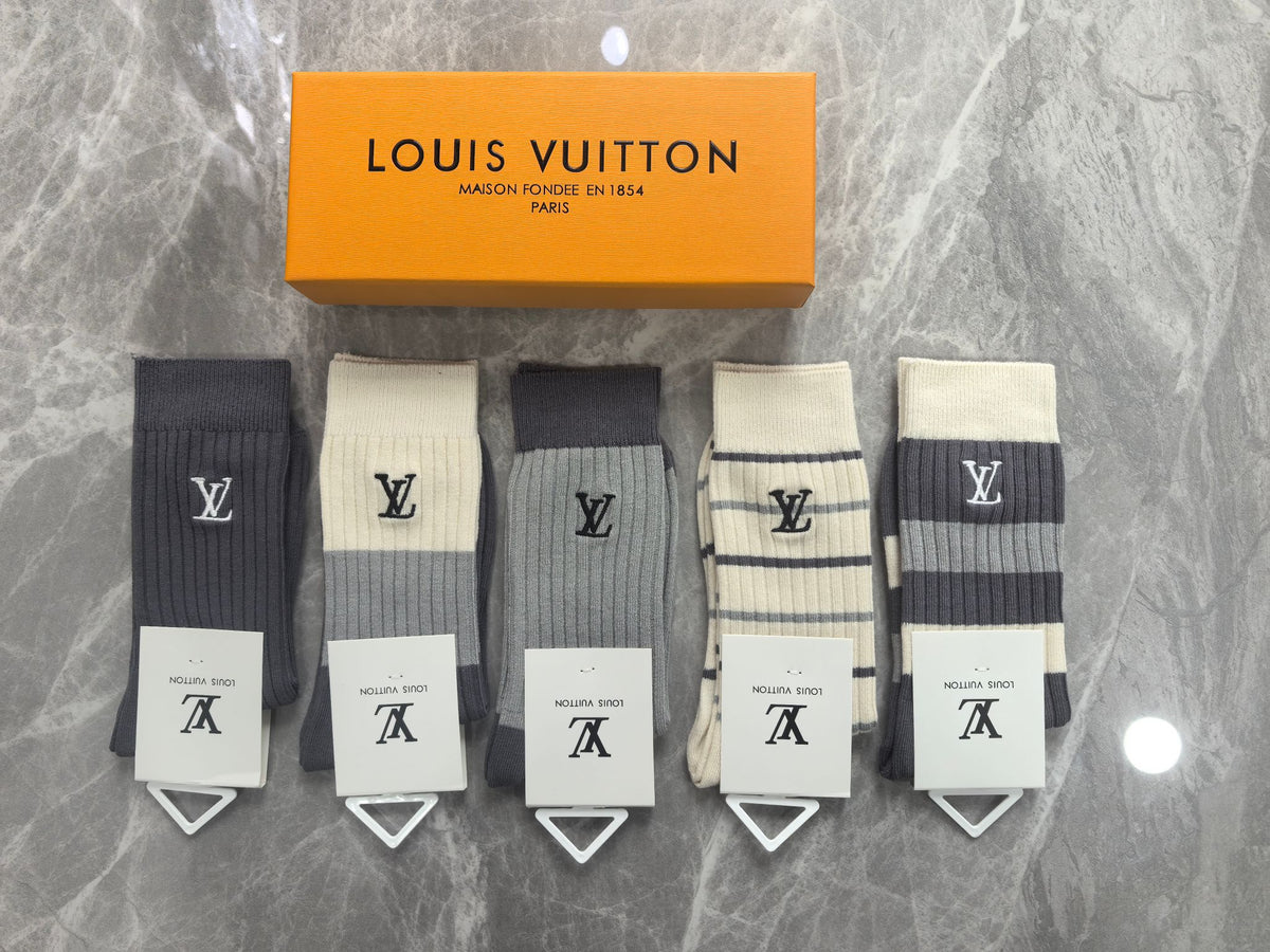 Louis Vuitton Grey Cream Black Tall Block Patterns Crew Socks, image 2
