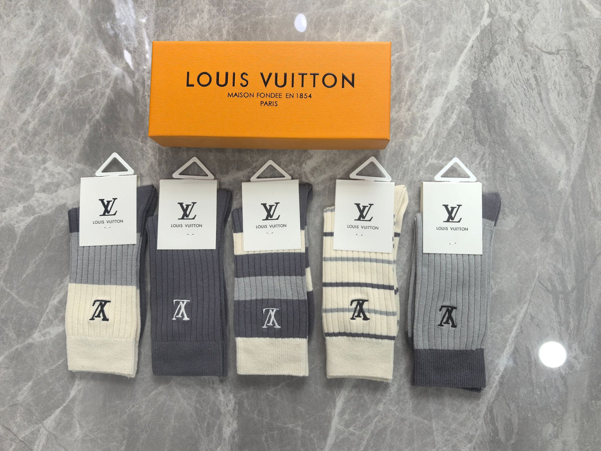 Louis Vuitton Grey Cream Black Tall Block Patterns Crew Socks, image 1