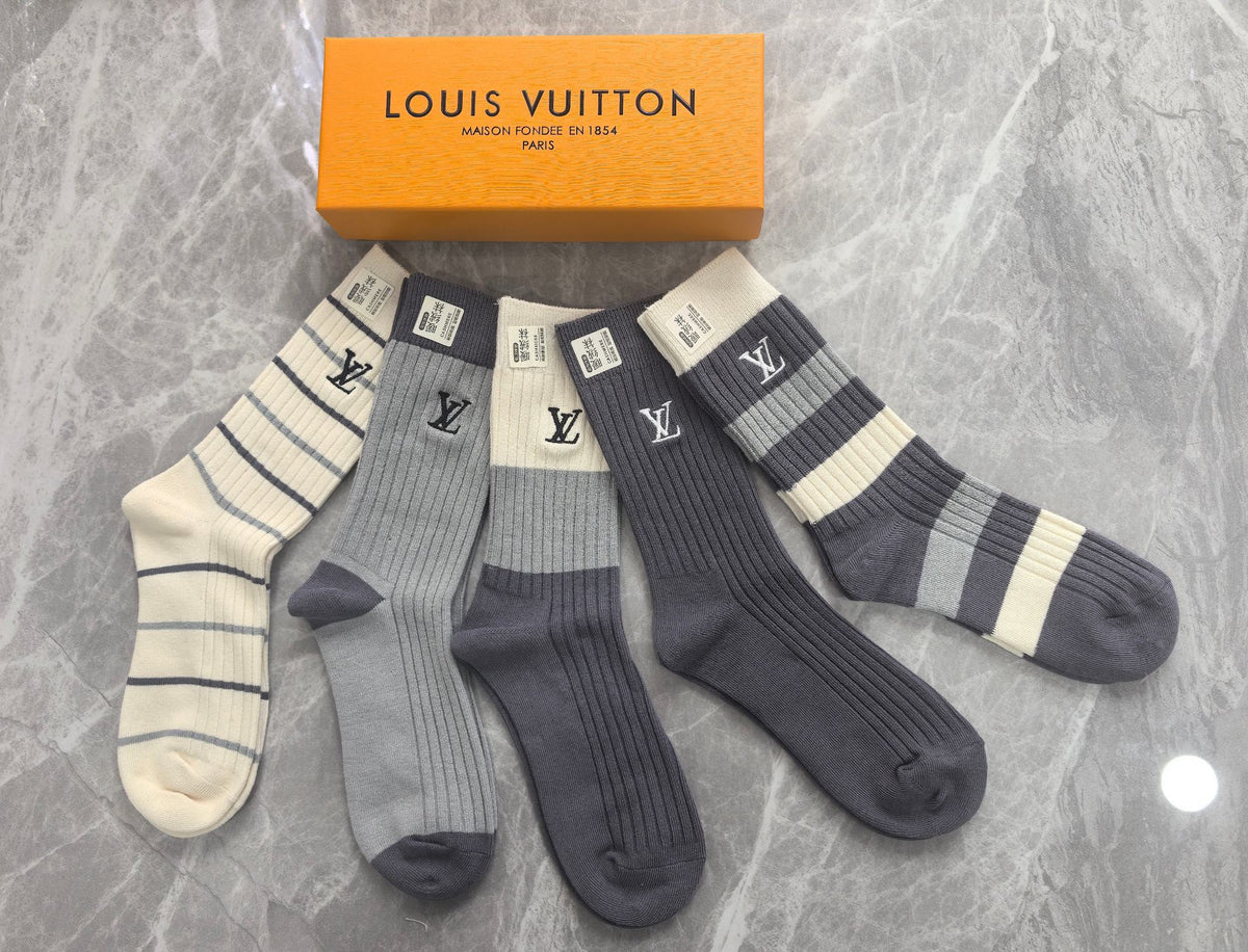Louis Vuitton Grey Cream Black Tall Block Patterns Crew Socks, image 4