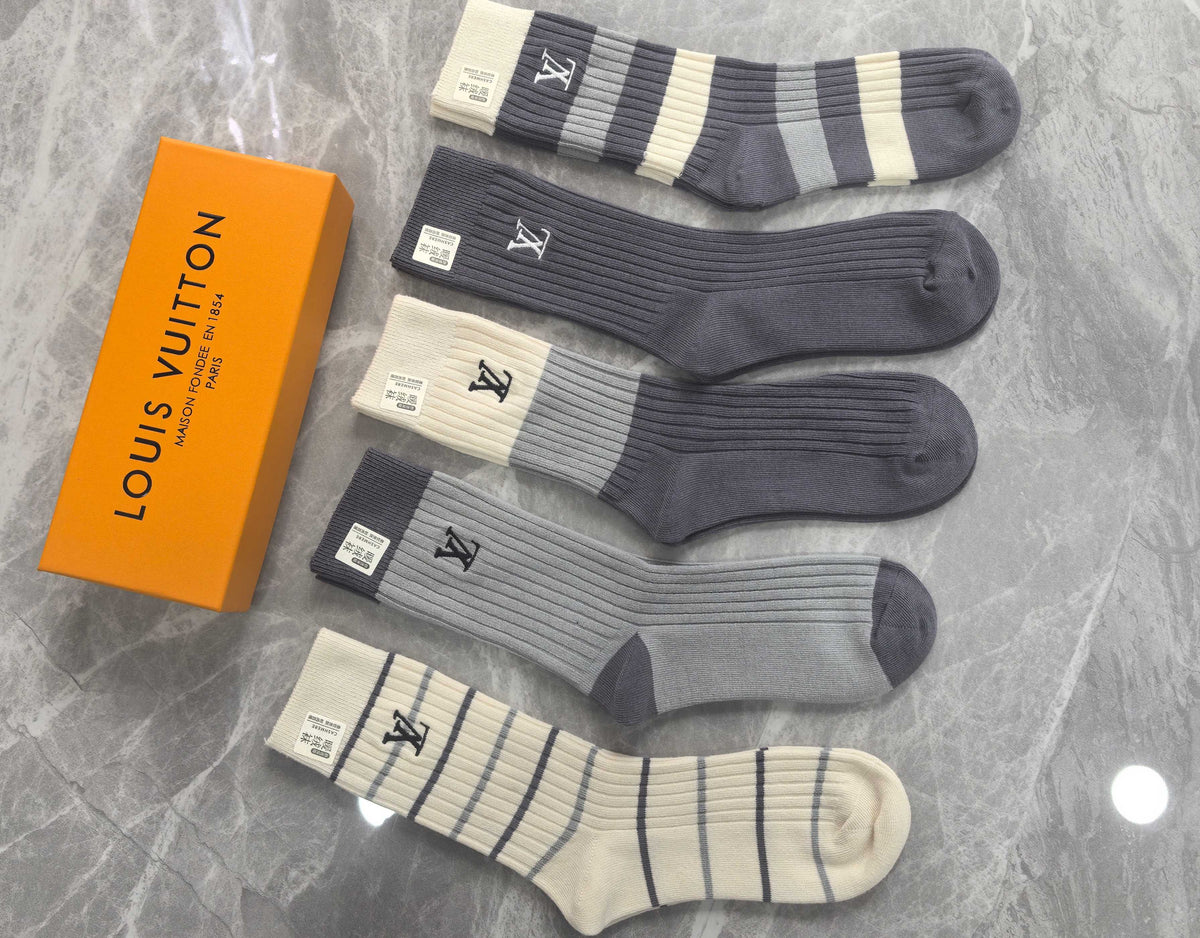 Louis Vuitton Grey Cream Black Tall Block Patterns Crew Socks, image 5
