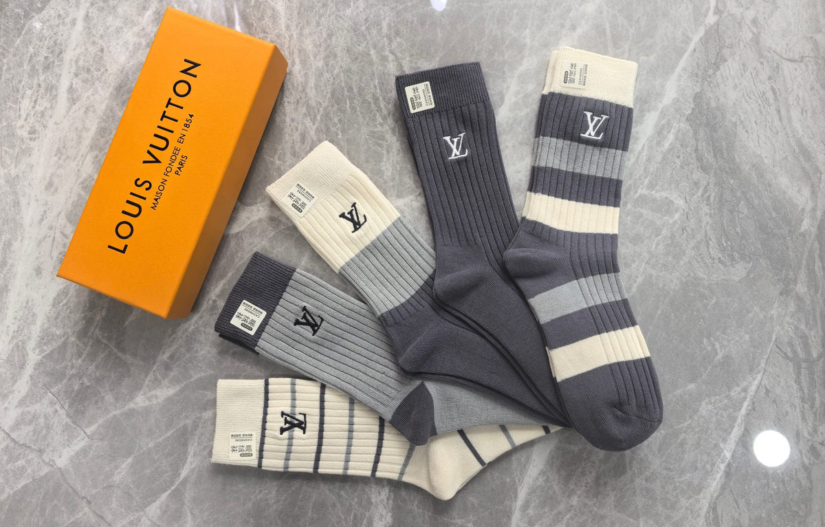 Louis Vuitton Grey Cream Black Tall Block Patterns Crew Socks, image 6