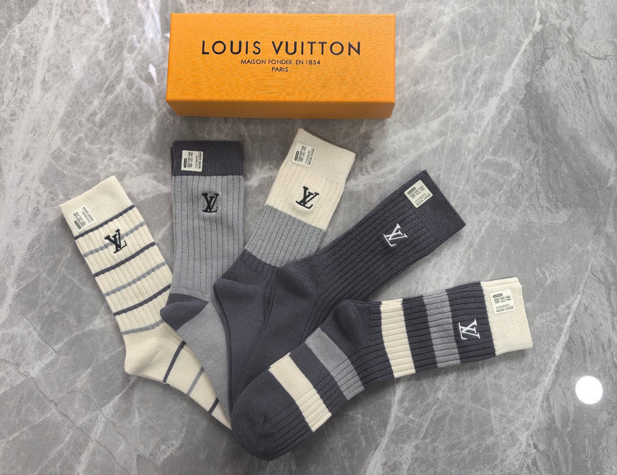 Louis Vuitton Grey Cream Black Tall Block Patterns Crew Socks, image 7