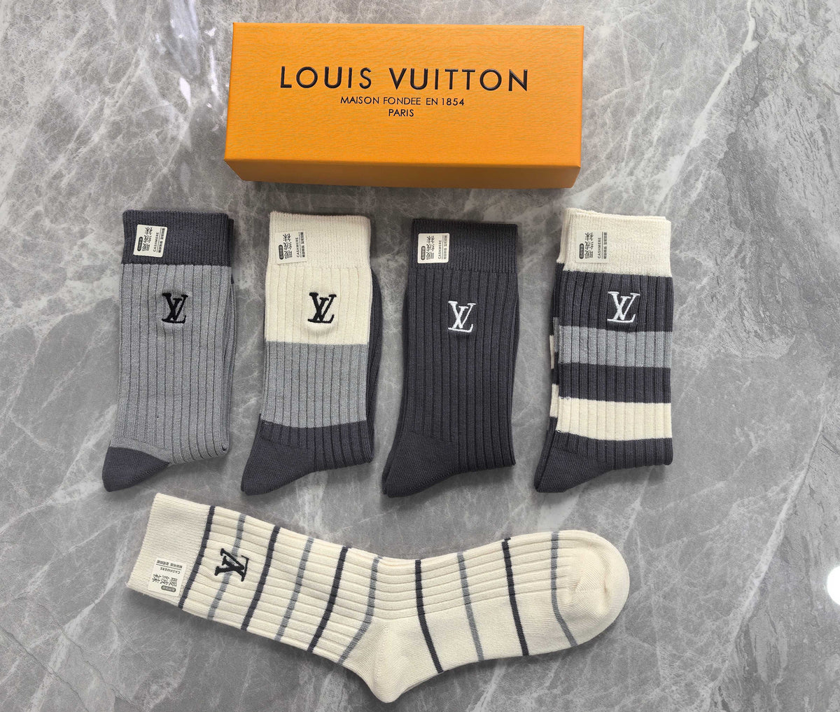 Louis Vuitton Grey Cream Black Tall Block Patterns Crew Socks, image 8