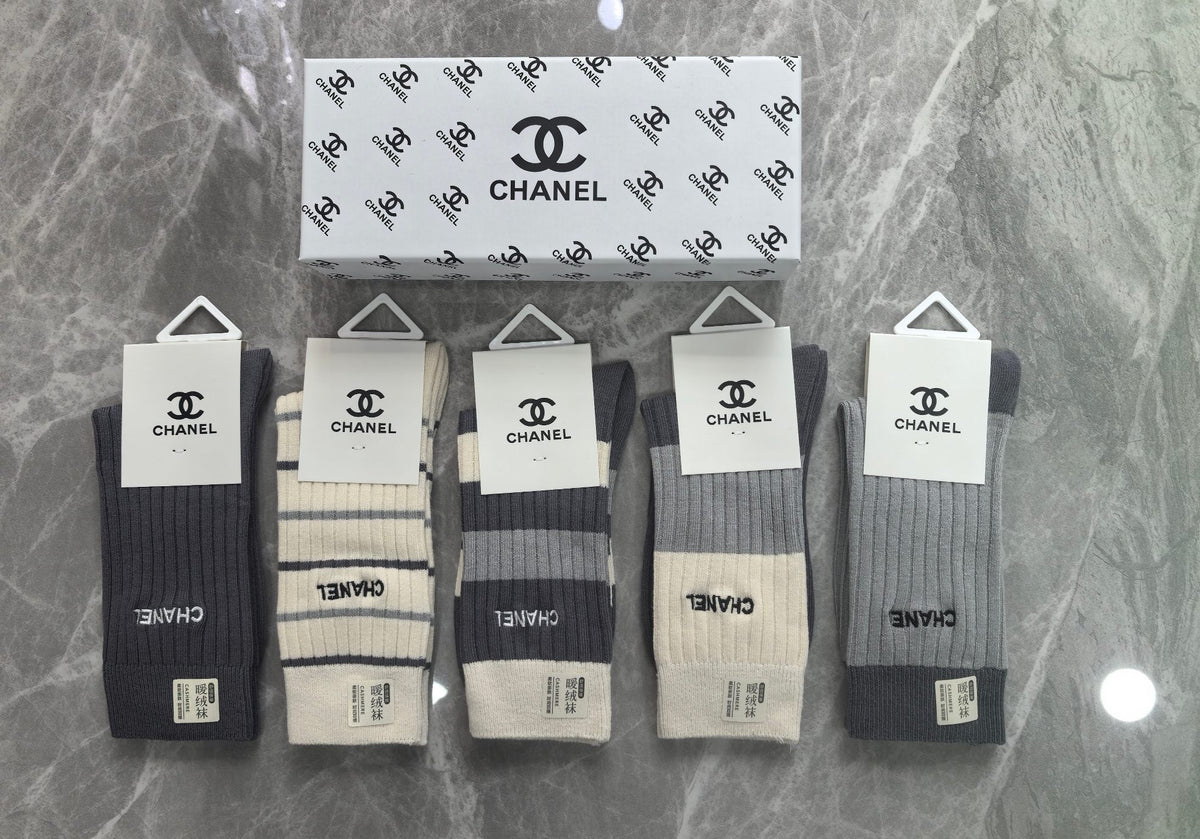 CHANEL Tall Letter-Detail Ribbed Socks, gallery image 1