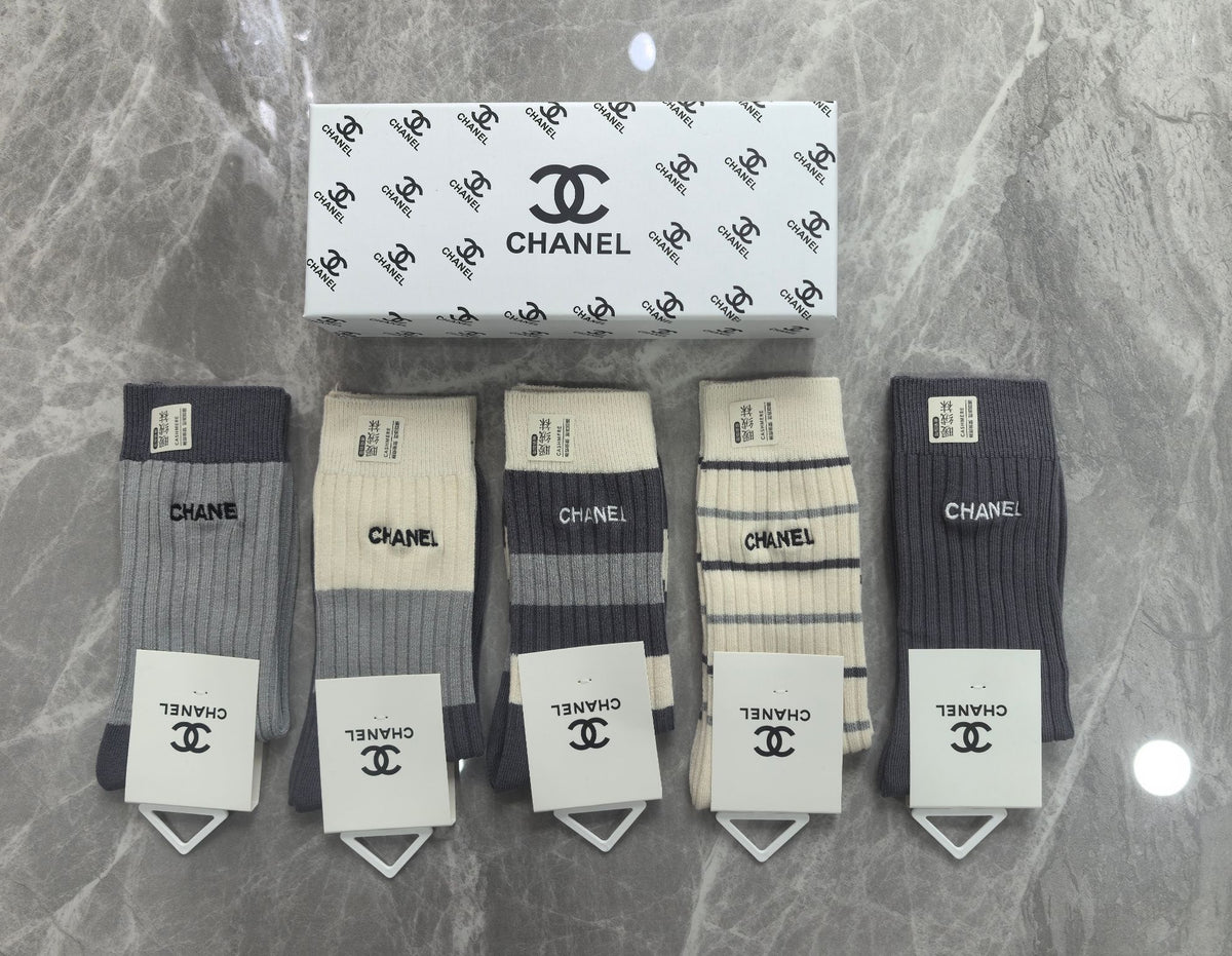 CHANEL Tall Letter-Detail Ribbed Socks, gallery image 2