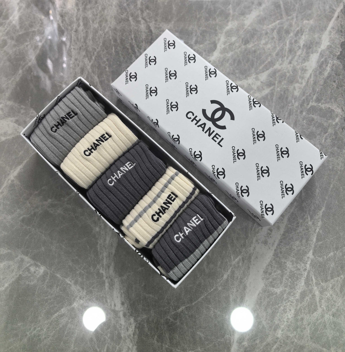 CHANEL Tall Letter-Detail Ribbed Socks, gallery image 5