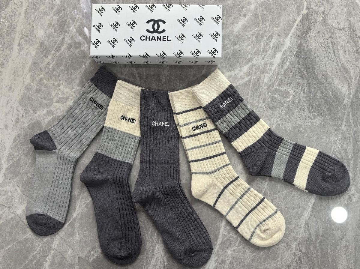 CHANEL Tall Letter-Detail Ribbed Socks, gallery image 6