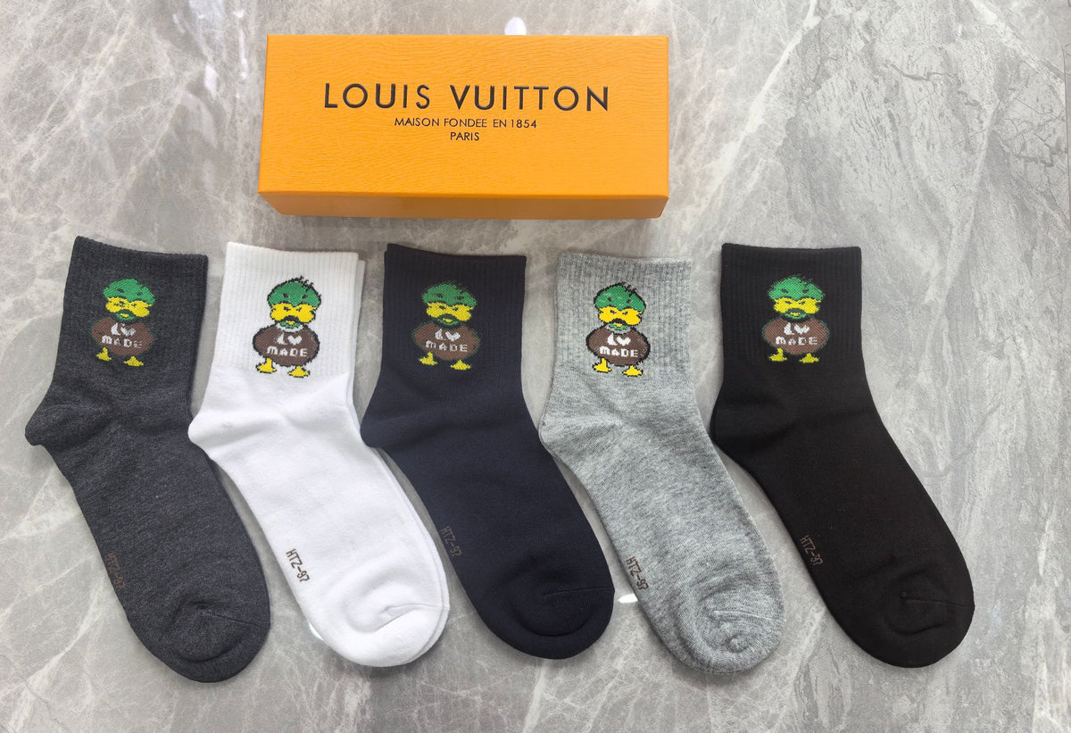 Louis Vuitton Grey Black White Small Character Crew Socks, image 1