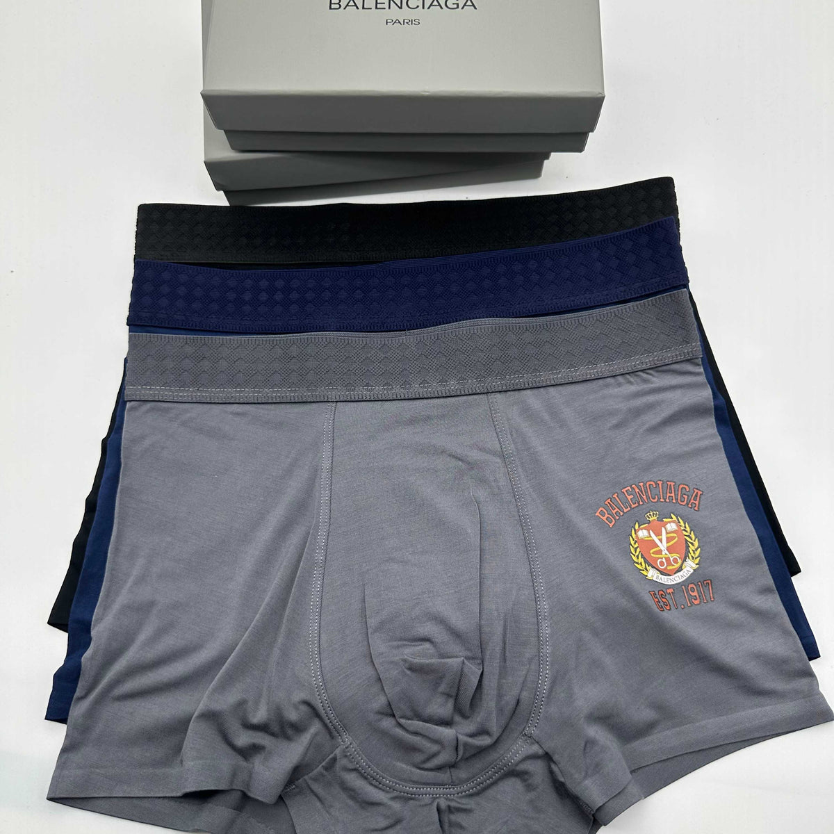 Balenciaga Grey Navy Yellow Shield Patch Boxer Briefs, image 4